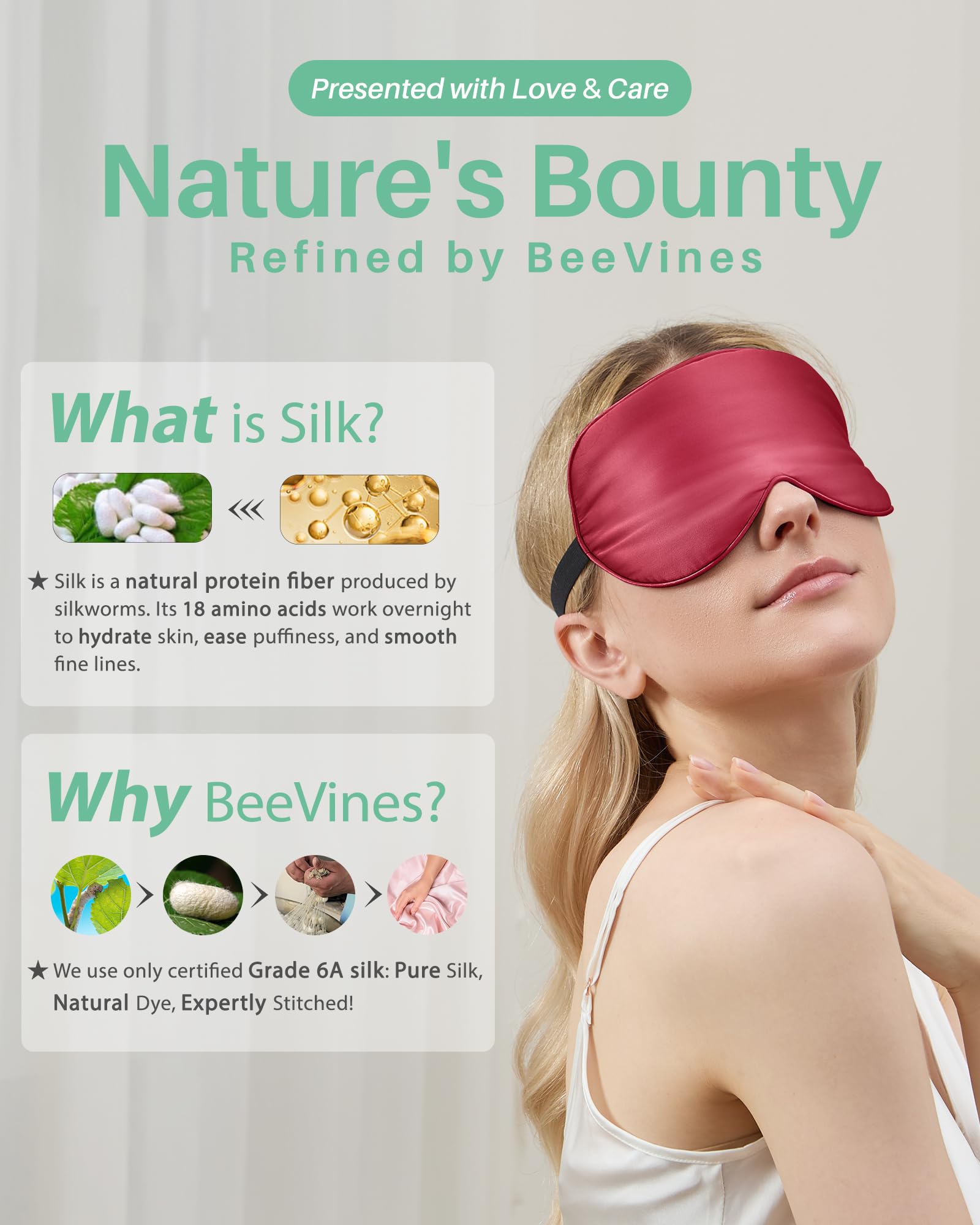BeeVines mascarilla suave de seda Mulberry, aporta relajación y confort para mindfulness