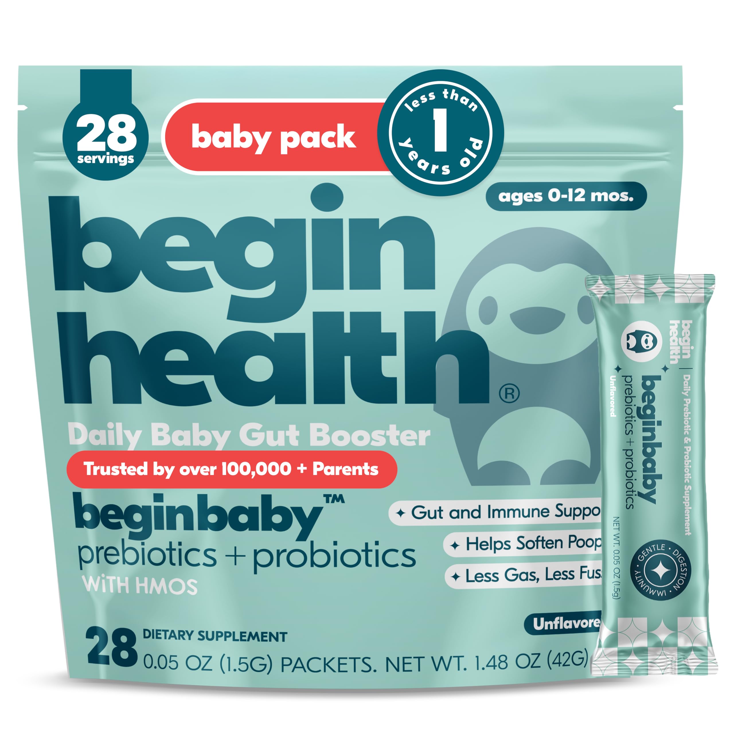 BeginHealth BeginBaby: sobres de prebióticos y probióticos para apoyo digestivo diario.