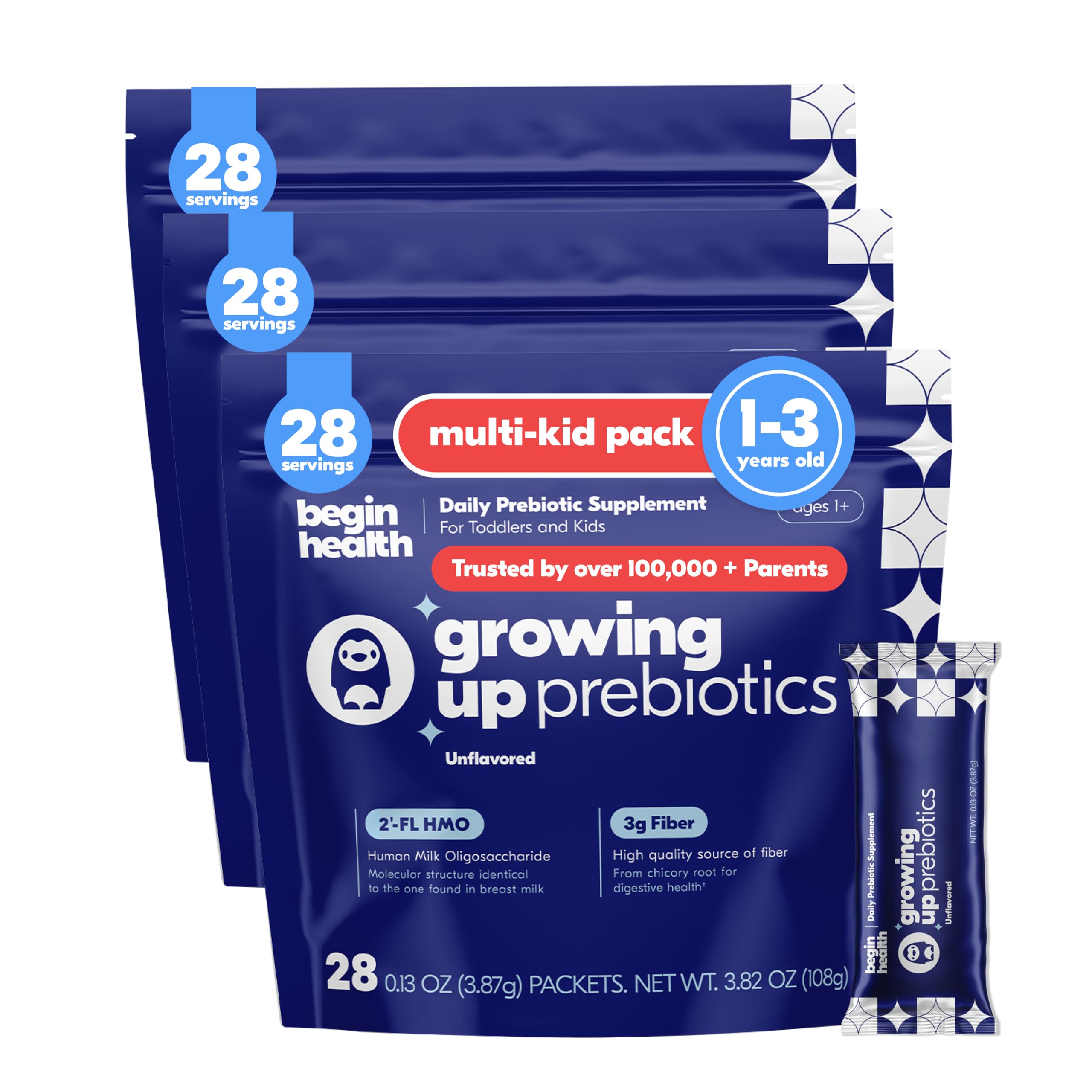 Begin Health Growing Up Prebiotics para niños, empaque claro y fácil de identificar