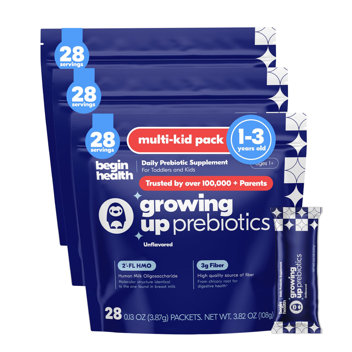 Begin Health Growing Up Prebiotics para niños, empaque claro y fácil de identificar