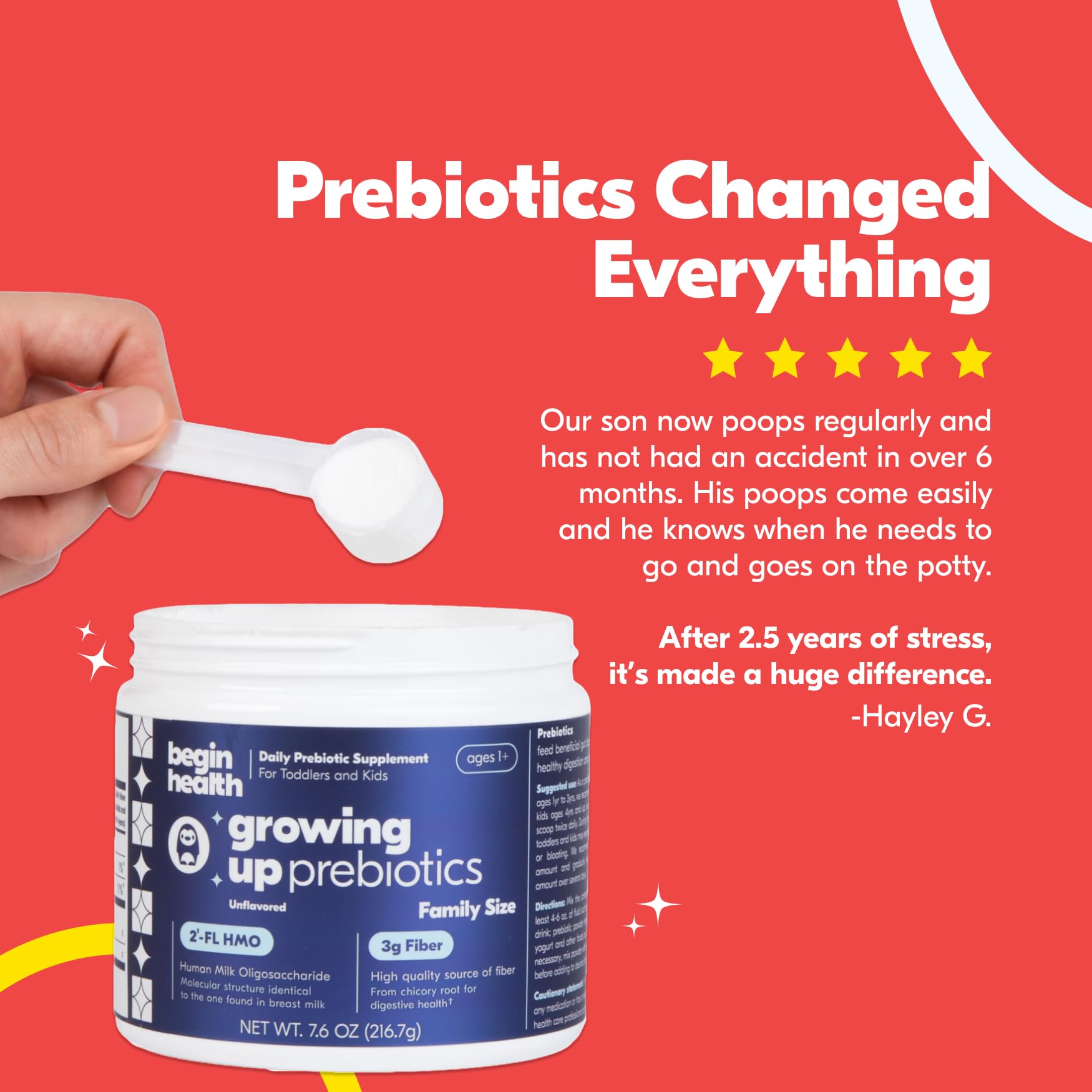 Begin Health Growing Up Prebiotics etiqueta nutricional clara para familias
