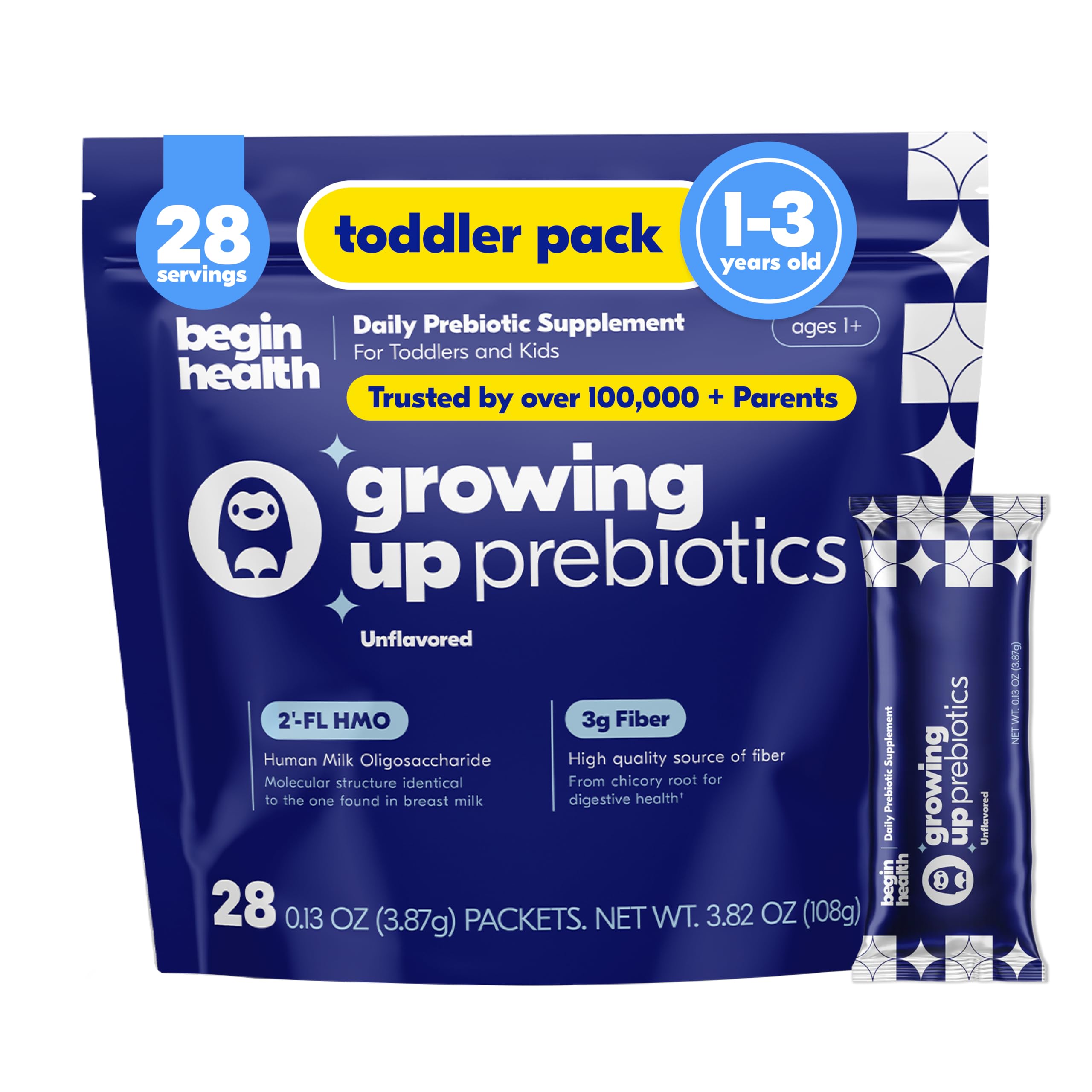 Begin Health Growing Up Prebiotics para niños, botella vertiendo polvo sin sabor en agua