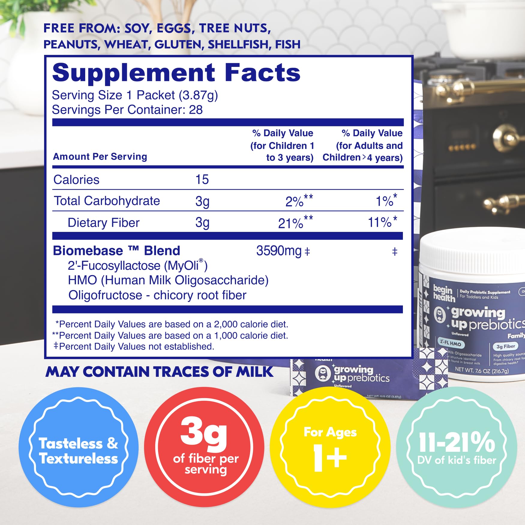 Begin Health Growing Up Prebiotics polvo sin sabor se disuelve fácilmente