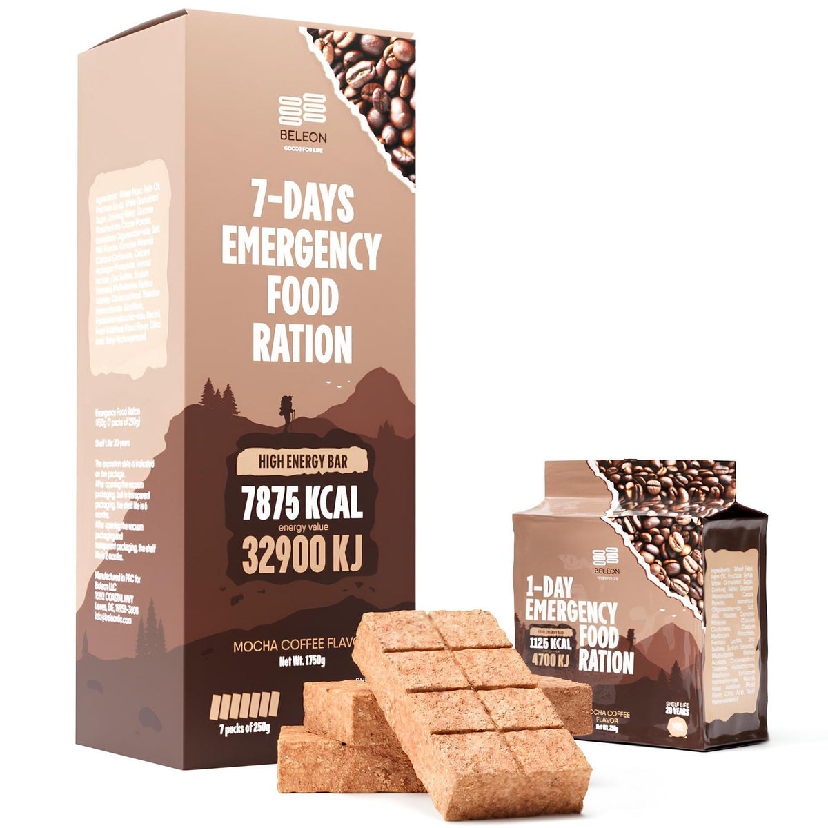 Beleon Coffee Mocha Ración de emergencia en caja, energía rápida para actividades al aire libre.