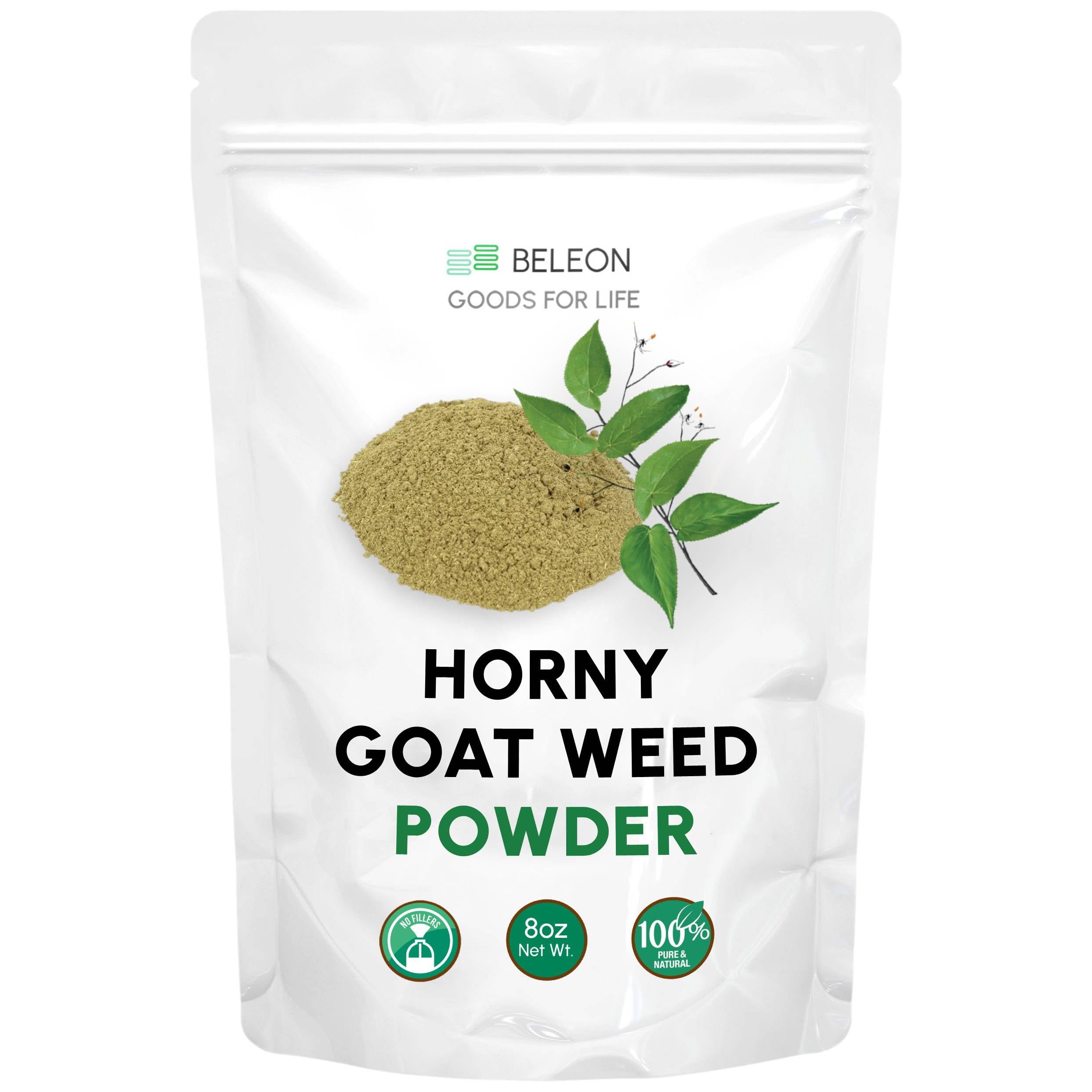 Beleon Epimedium polvo en envase con etiqueta, opción natural para energía diaria