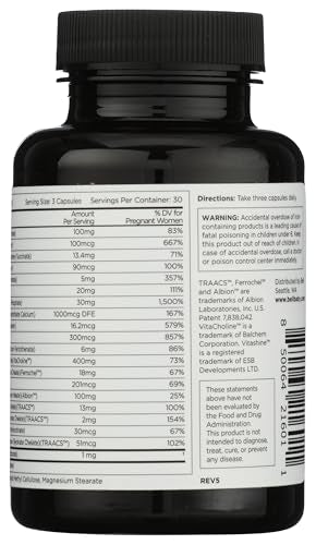 Etiqueta de Beli Prenatal con 400 mg de colina y folato.