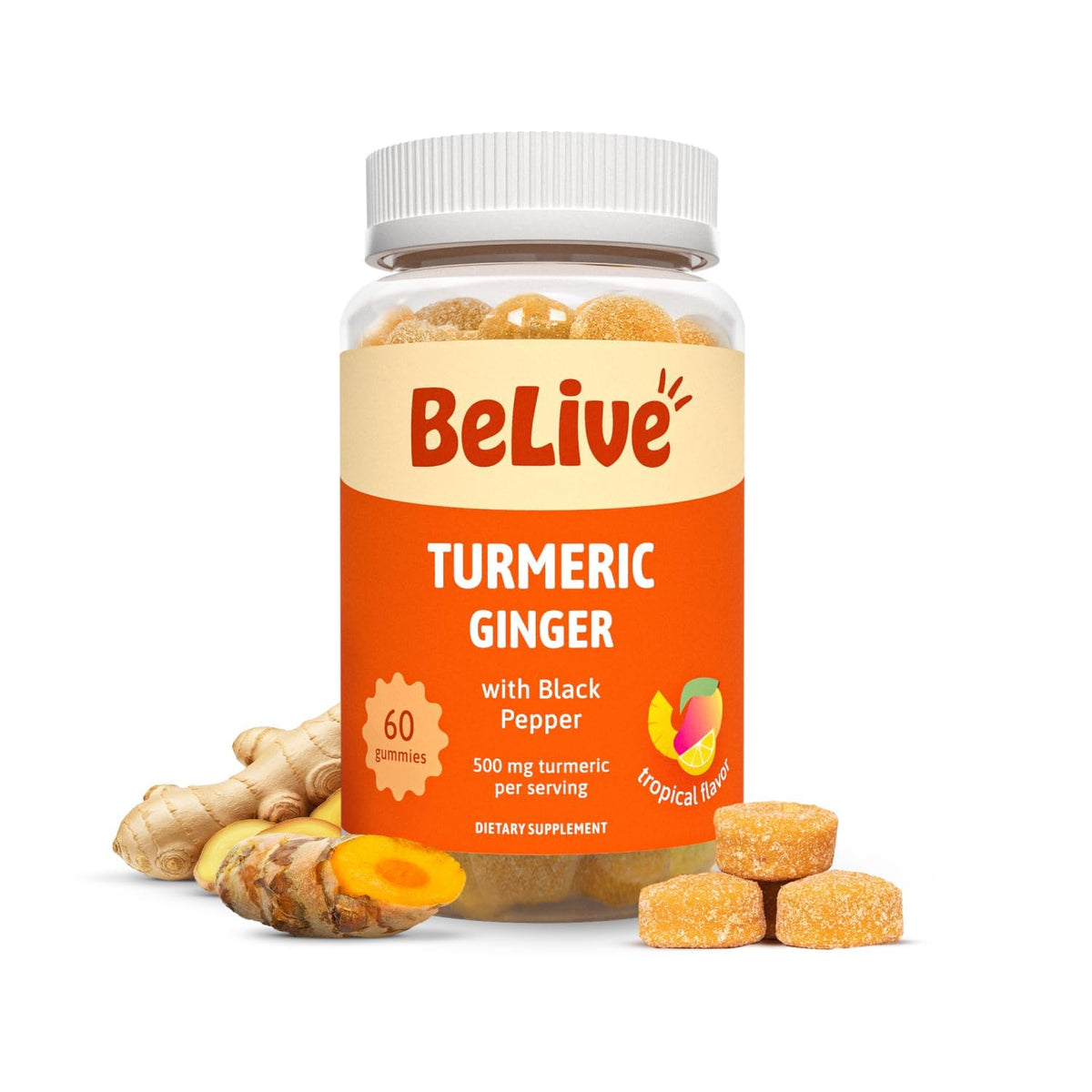 BeLive curcuma gomitas sabor tropical, apoyo a movilidad y piel saludable