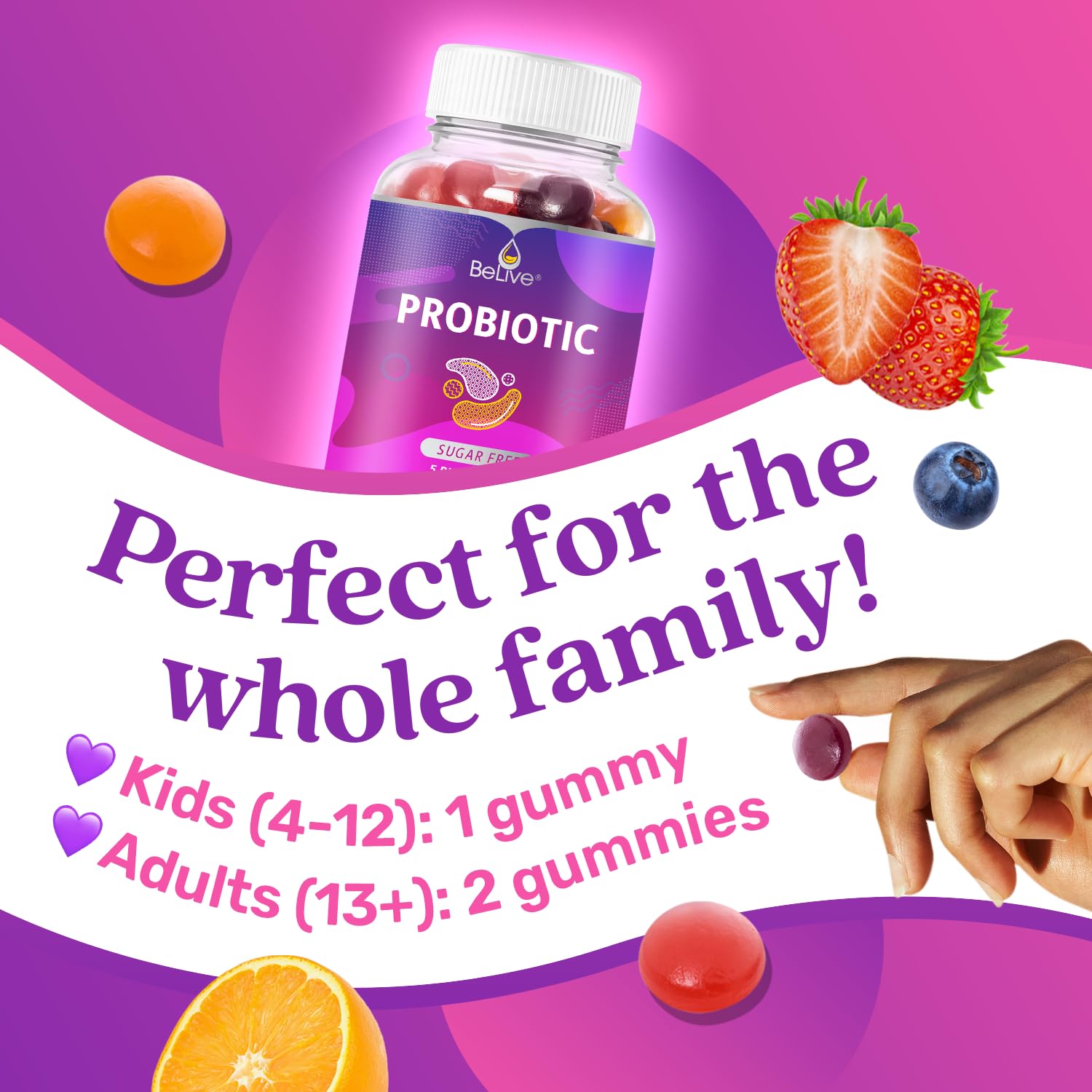 BeLive Probiotic Gomitas sabor fresa: opción sabrosa para toda la familia.