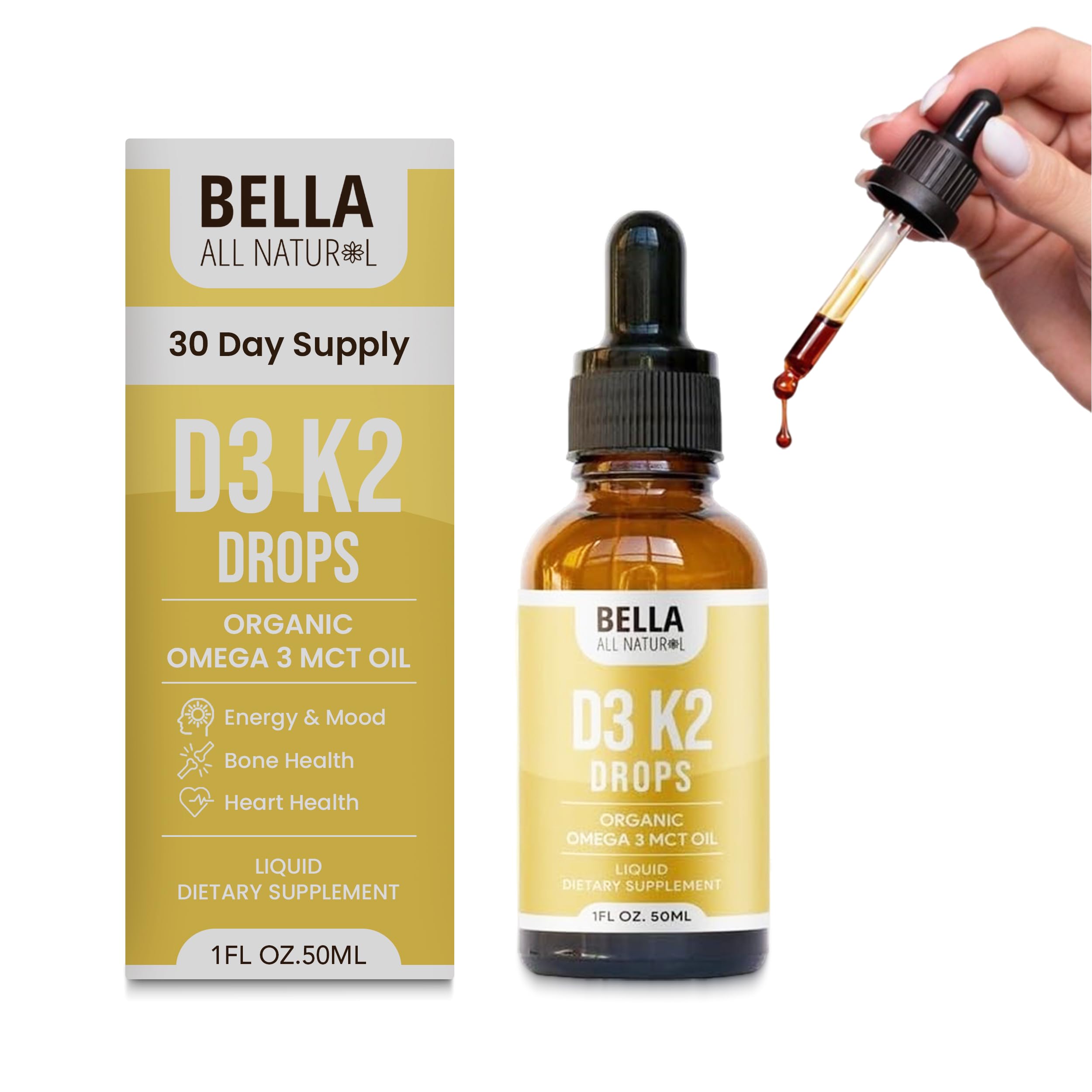 Bella All Natural Gotas D3 K2 en botella de 5000 UI para uso diario.