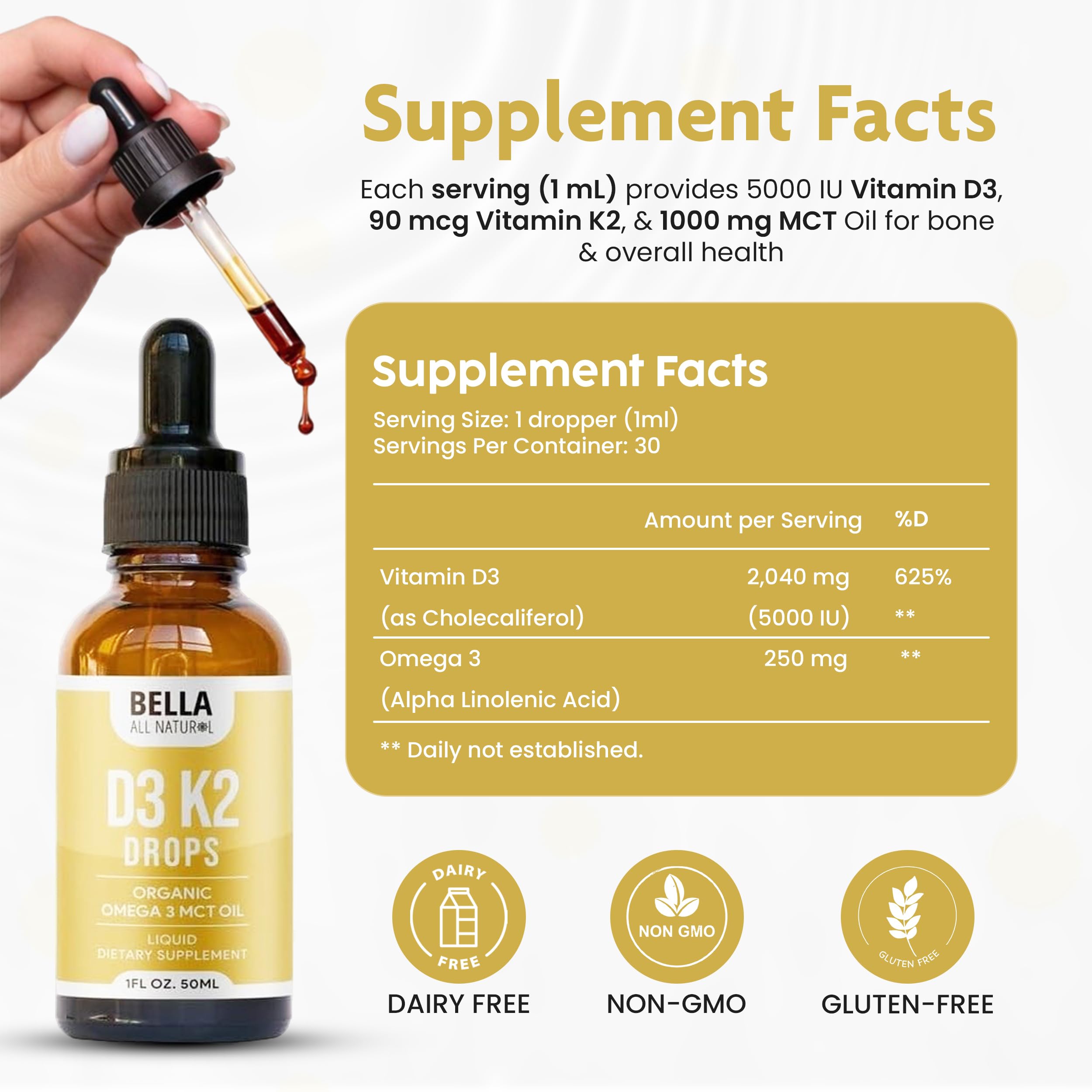 Bella All Natural Omega-3 con MCT en gotas para soporte diario de energía.