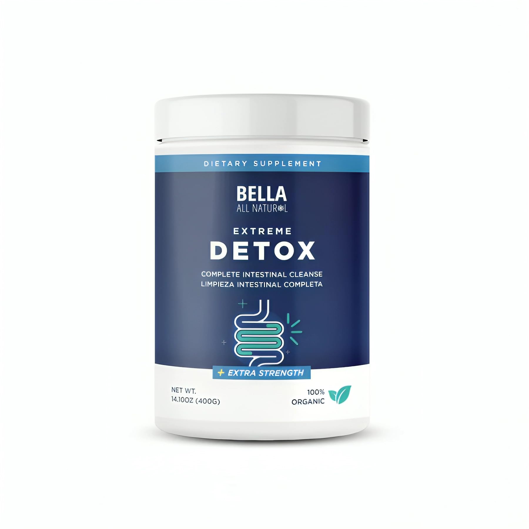 Bella All Natural Extreme Detox Powder en el bote, apoya la salud intestinal
