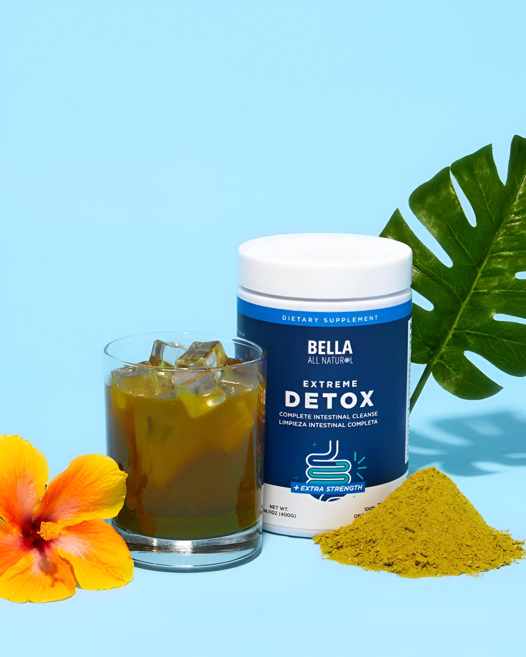 Bella All Natural Extreme Detox Powder etiqueta frontal, indica calidad natural
