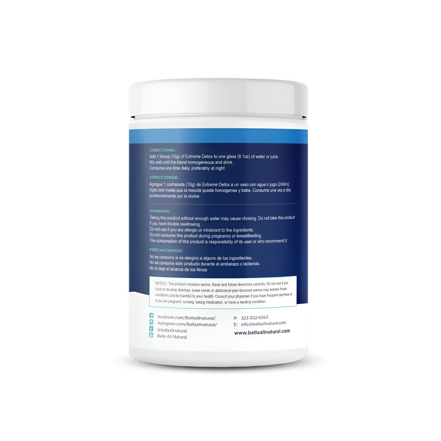 Bella All Natural Extreme Detox Powder mezclar en agua para beber diario