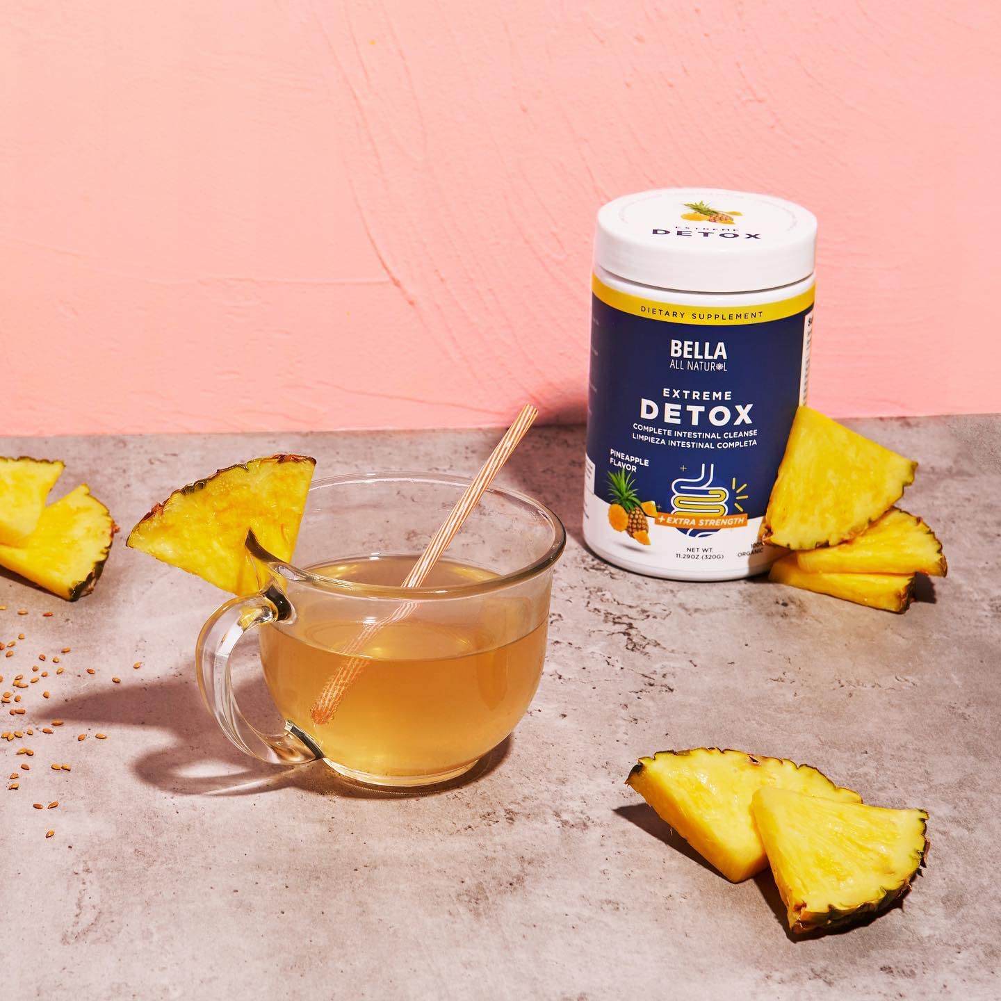 Bella All Natural Polvo Extremo Desintoxicación Piña muestra ingredientes naturales para tu rutina
