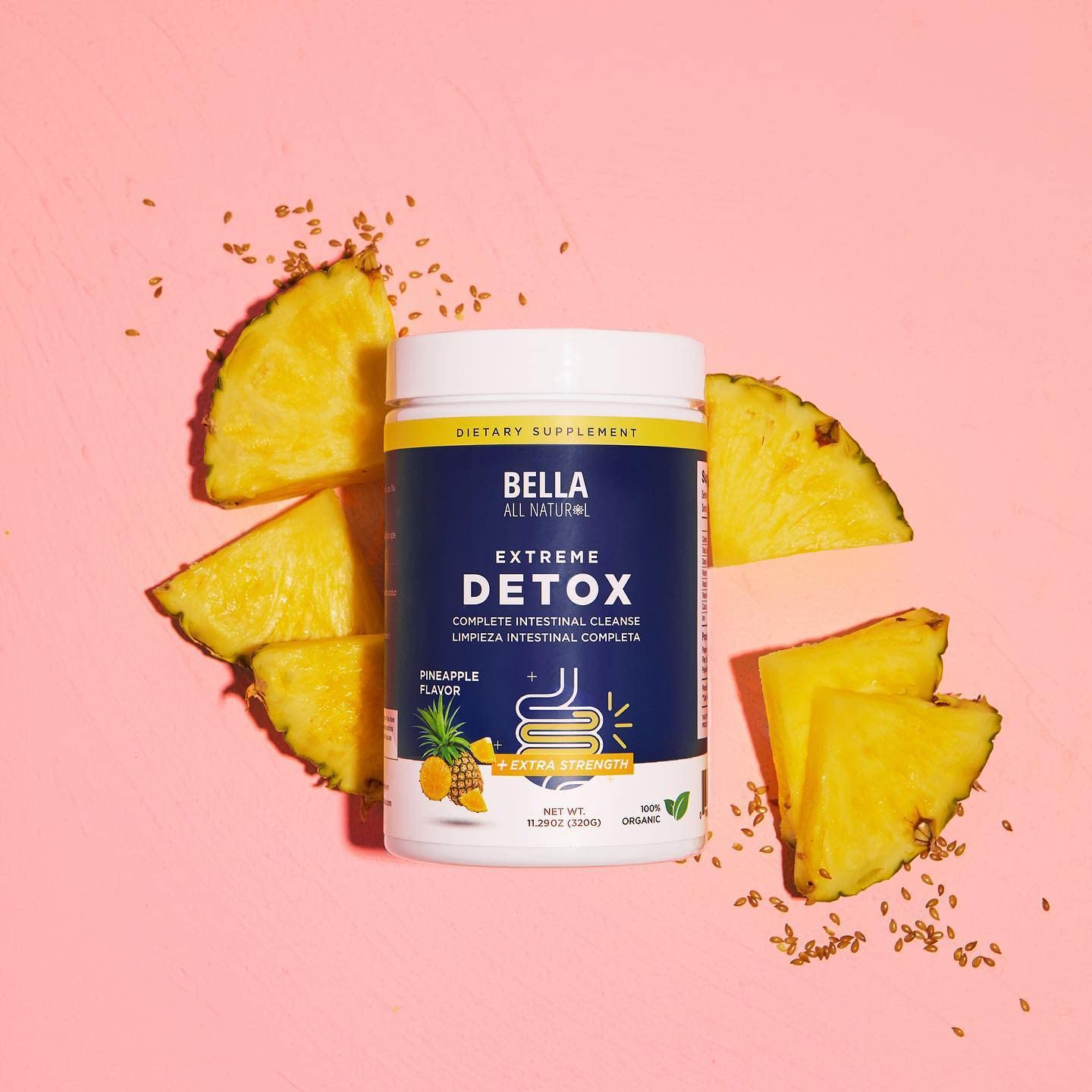 Bella All Natural Polvo Extremo Desintoxicación Piña, envase práctico para tu rutina diaria