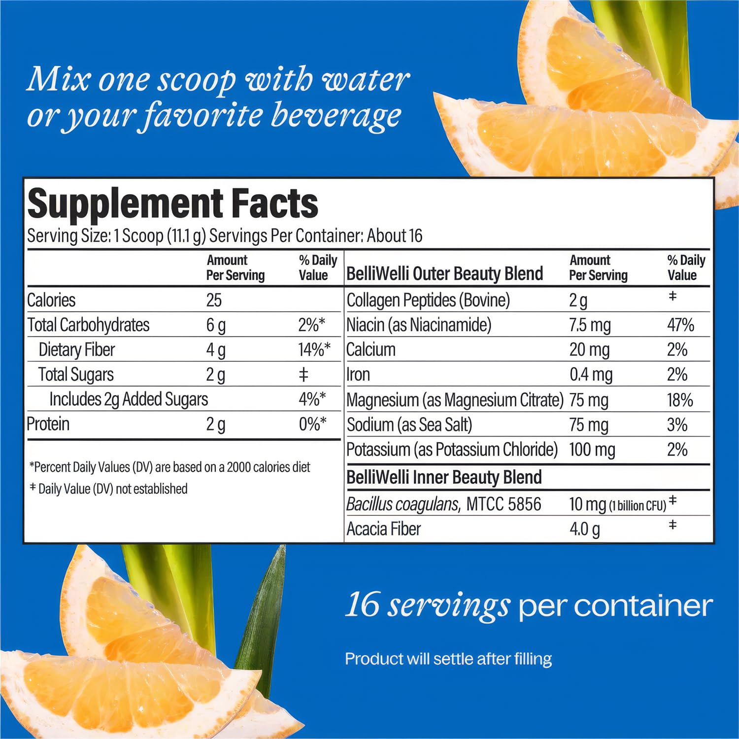 Sabor tropical de Belli Welli Fiber para mezclar con agua