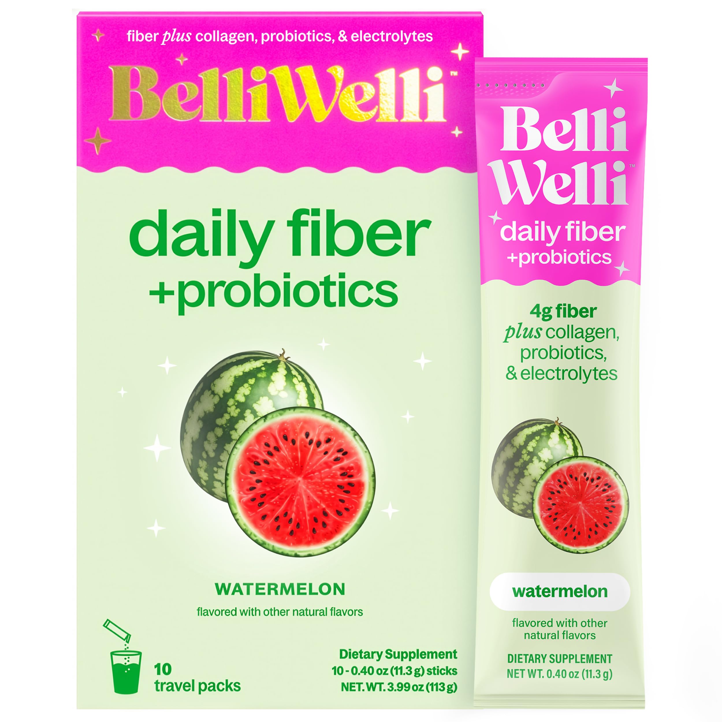 Belli Welli stickpack fibra sabor sandía para apoyar la digestión y la regularidad.