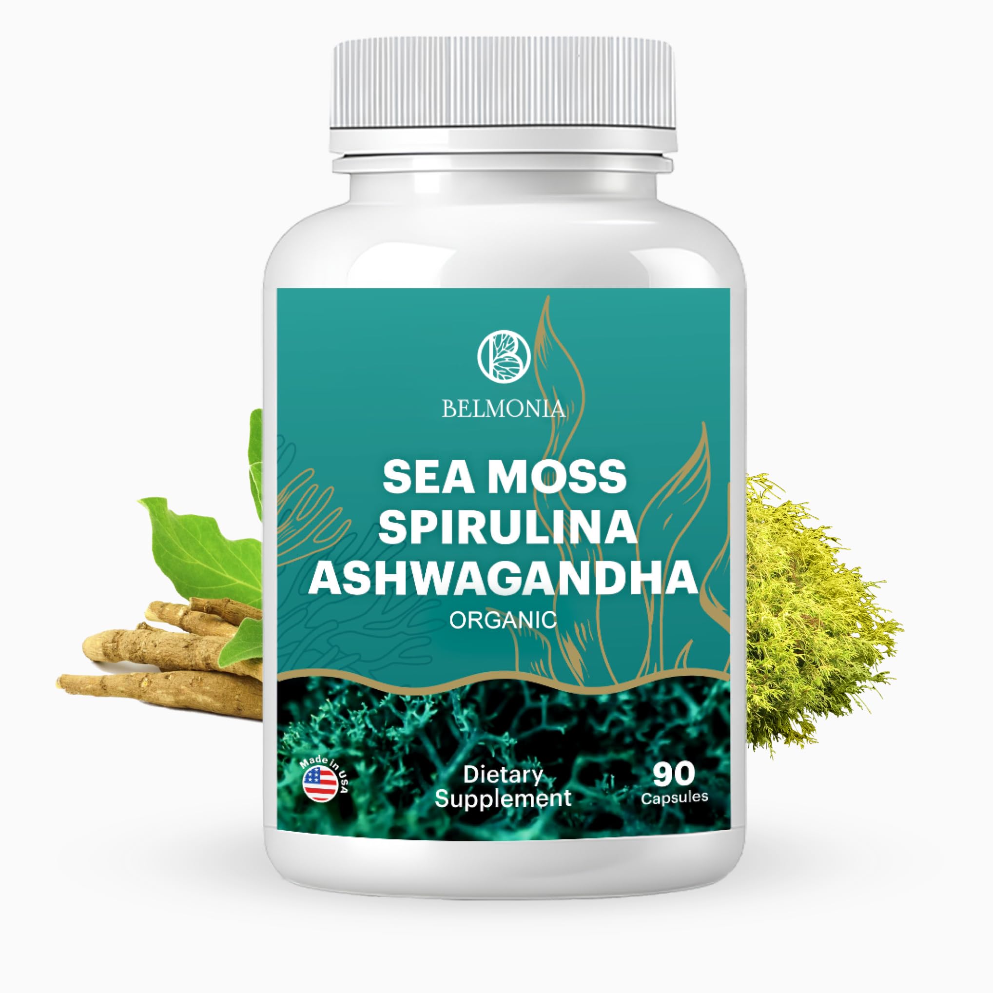 Belmonia cápsulas Sea Moss con Spirulina y Ashwaganda para equilibrio diario