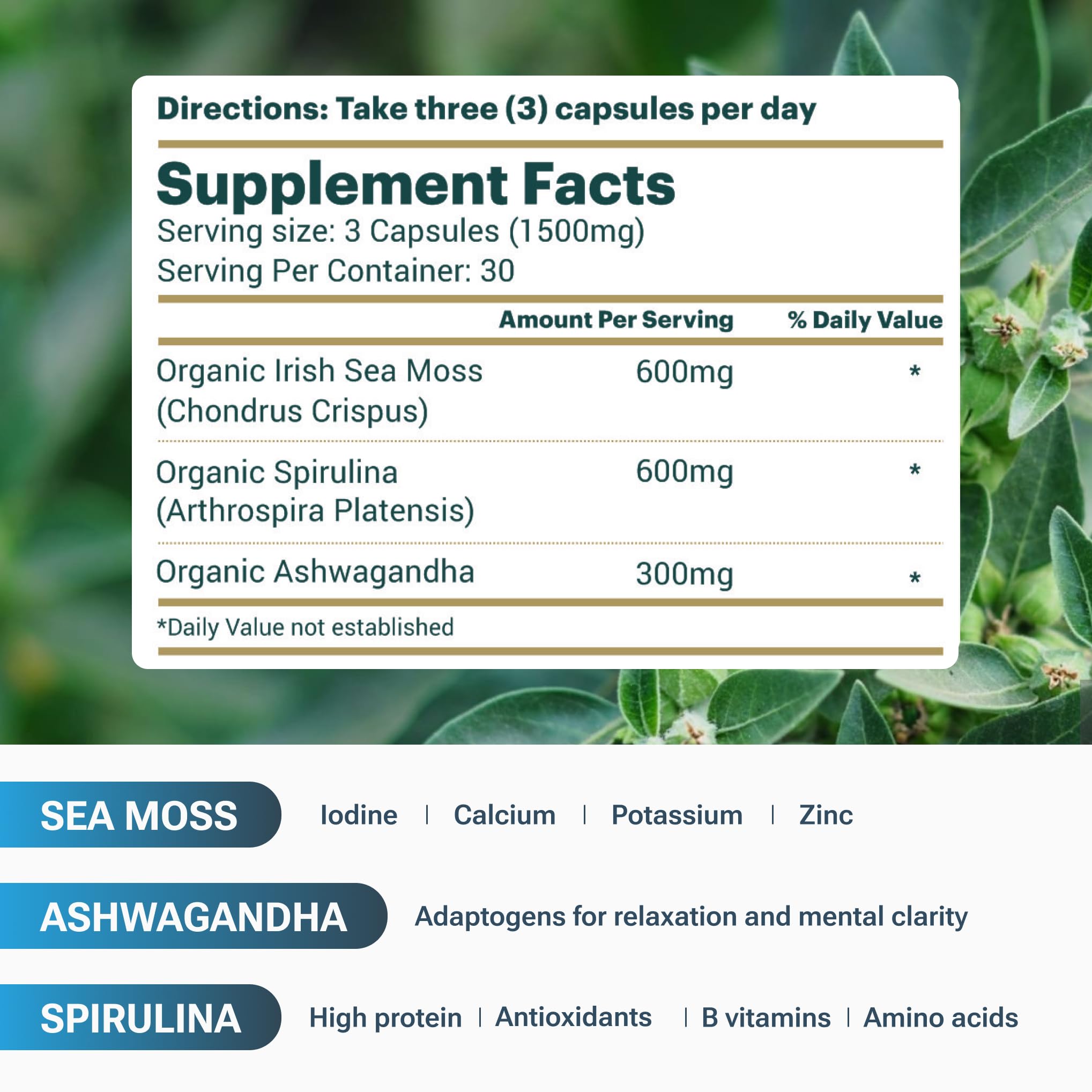 Belmonia etiqueta de ingredientes Sea Moss Spirulina para conocer nutrientes