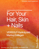 BeMe colágeno líquido sobres durazno, etiqueta trasera con uso recomendado para cabello y uñas.