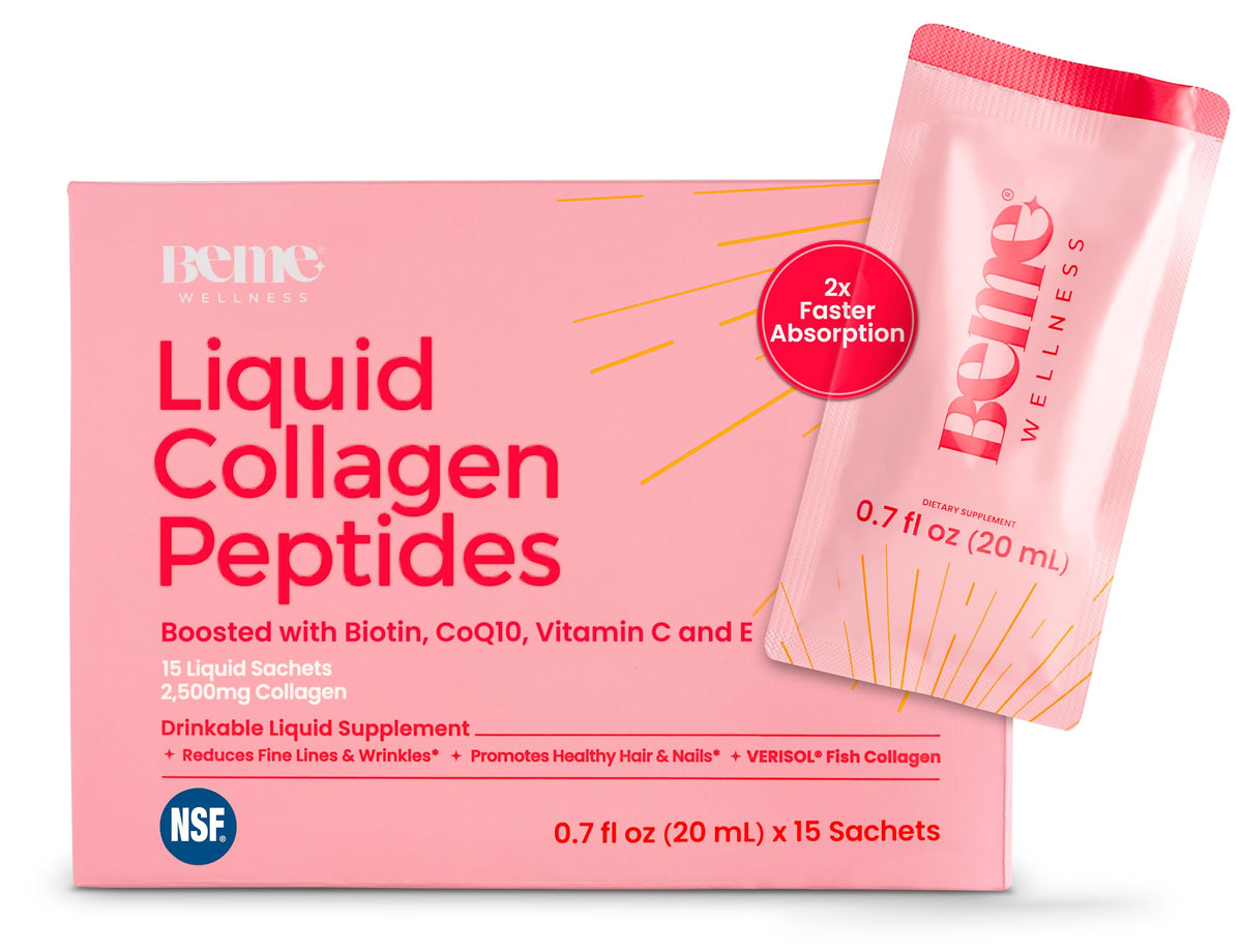 BeMe colágeno líquido 2500 mg sobres durazno frente, conveniente para viajar.