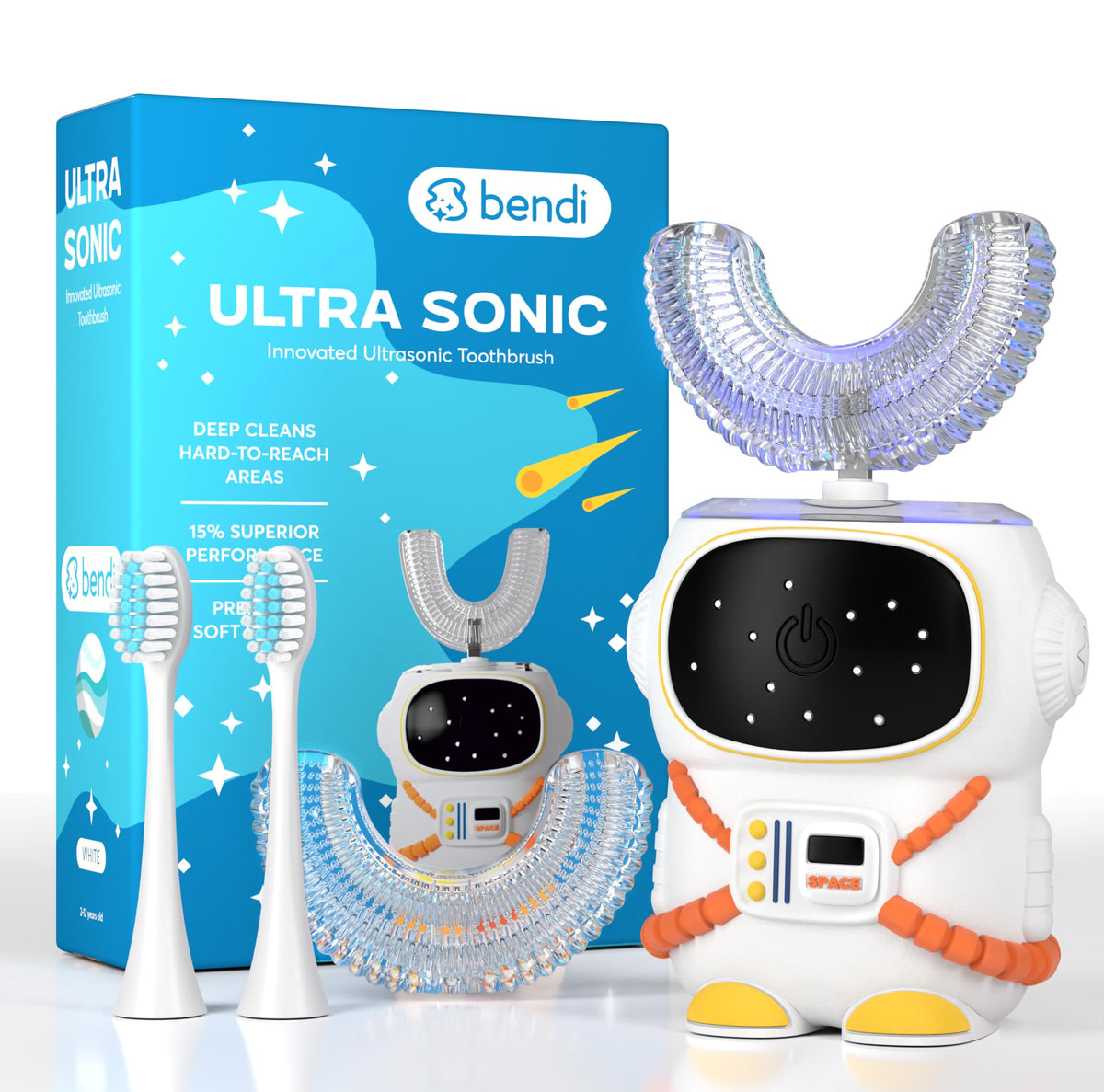 Cepillo eléctrico Bendi 360 con diseño astronauta para niños, ideal para hábitos de cepillado divertidos.
