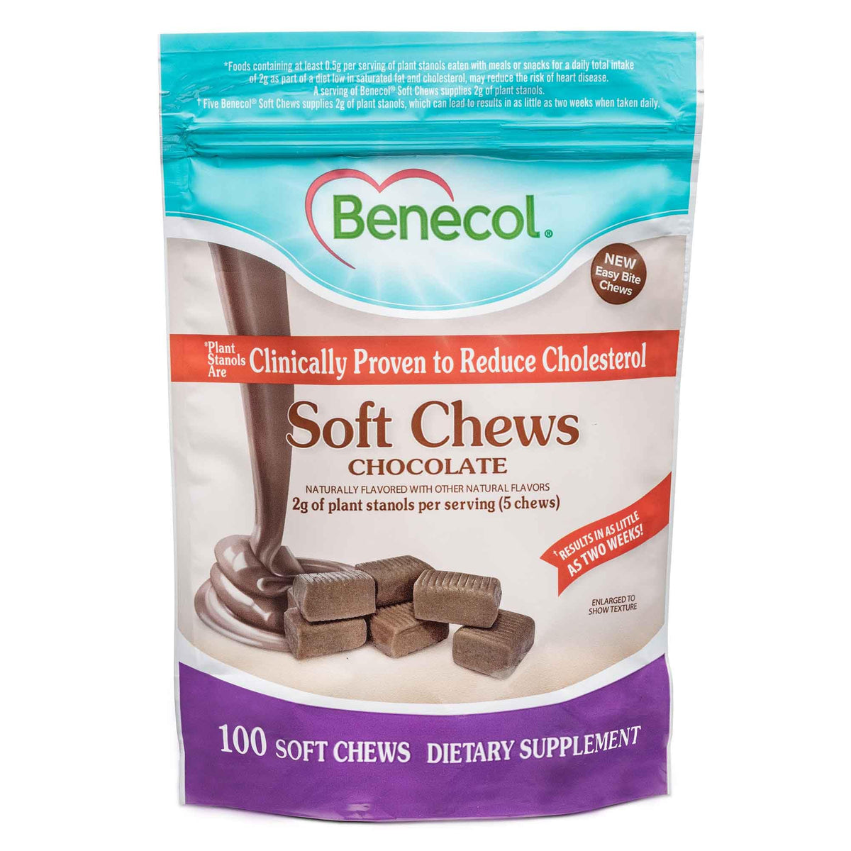 Benecol Bocados Suaves: empaque y tamaño compacto para consumo diario.