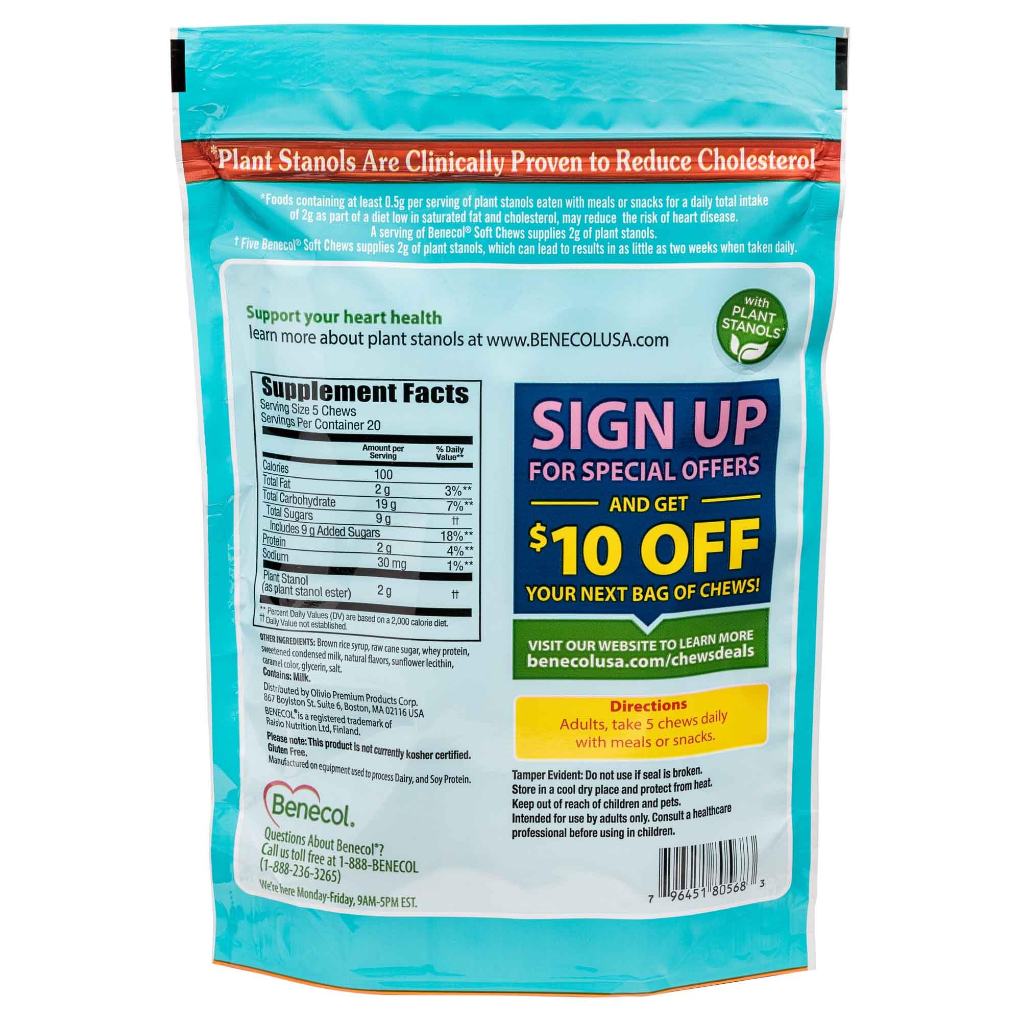 Benecol Masticables Suaves aportan 2 g de estanoles vegetales para consumo diario.
