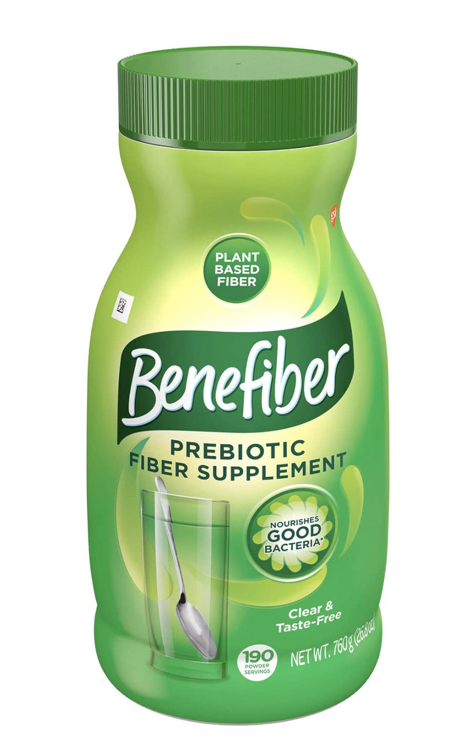 Benefiber suplemento de fibra 760 g, vista frontal del frasco, fácil de incluir en la rutina.