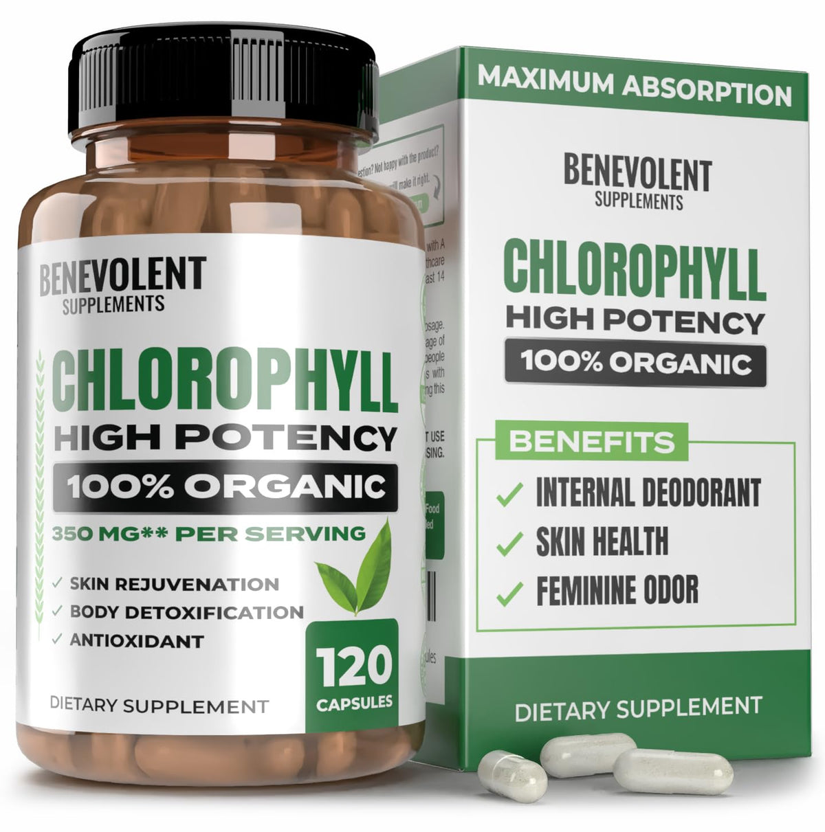 Benevolent Nourishment cápsulas clorofila 350mg en frasco, impulso suave de energía.