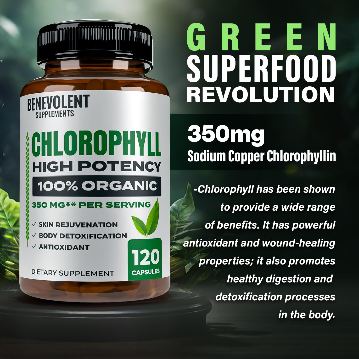Benevolent Nourishment cápsulas clorofila 350mg, formato fácil para deporte y entrenamiento.