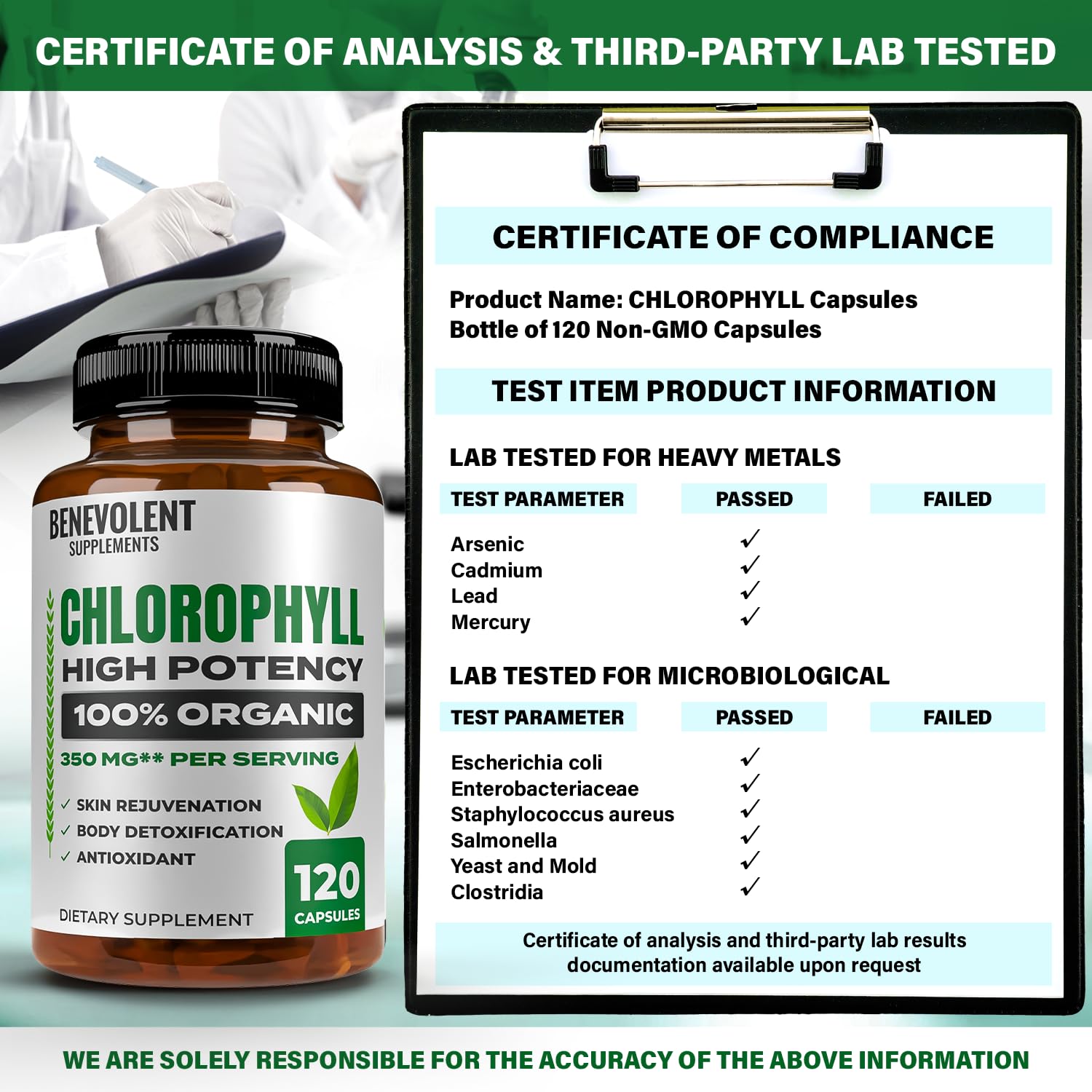 Benevolent Nourishment producto libre de OGM, clorofila 350mg, pureza garantizada.