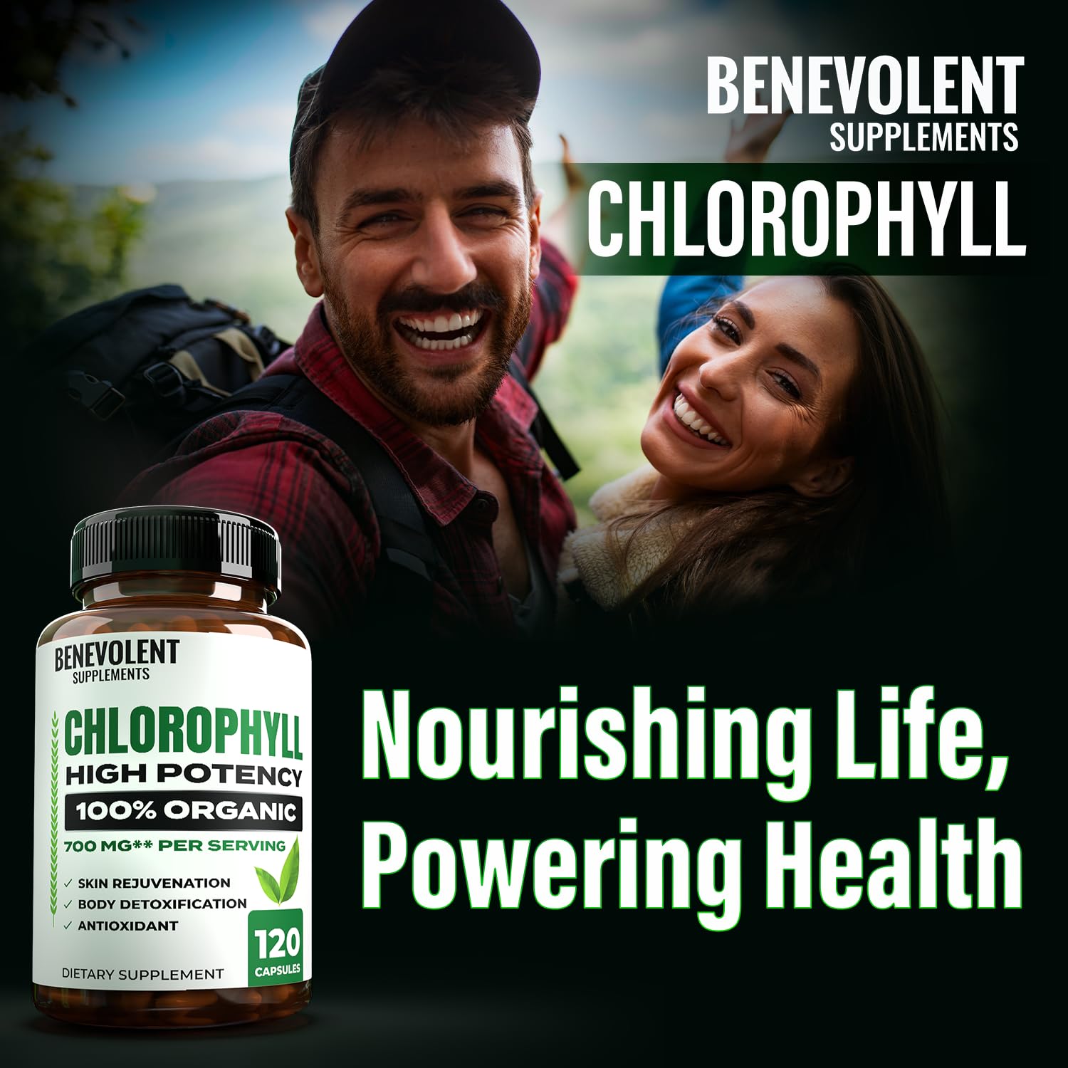 Benevolent Nourishment cápsulas clorofila 350mg, manufacturado en EE. UU. bajo GMP.