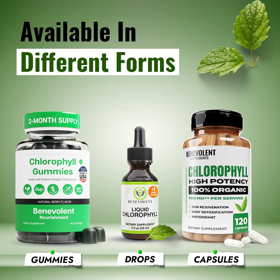 Benevolent Nourishment envase de clorofila 350mg para uso diario de bienestar.