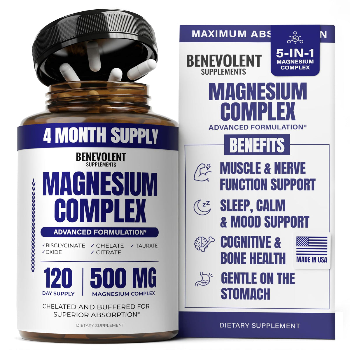Benevolent Nourishment Magnesio Complejo en botella para bienestar diario