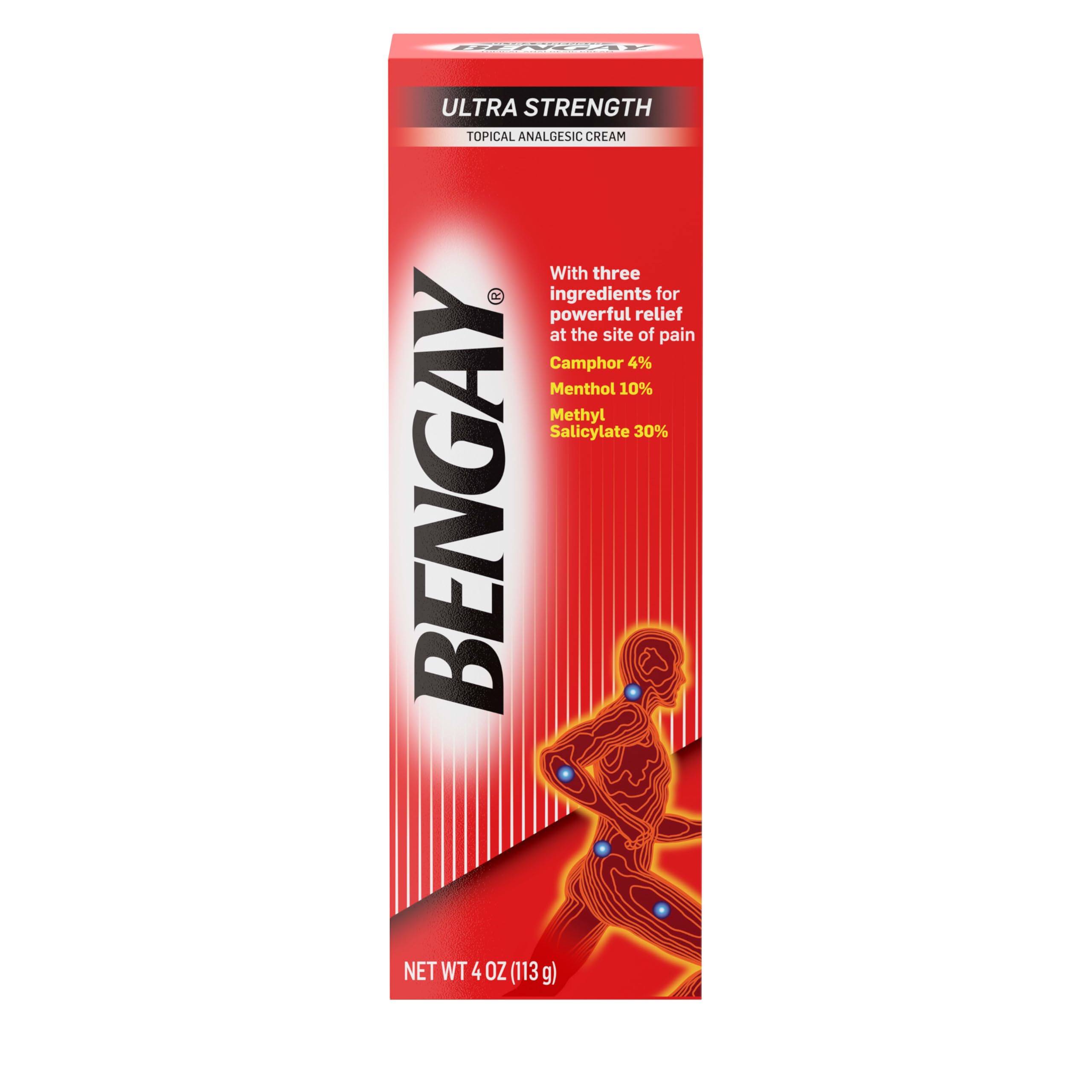 Bengay frente del tubo muestra la crema de alta potencia para alivio focalizado