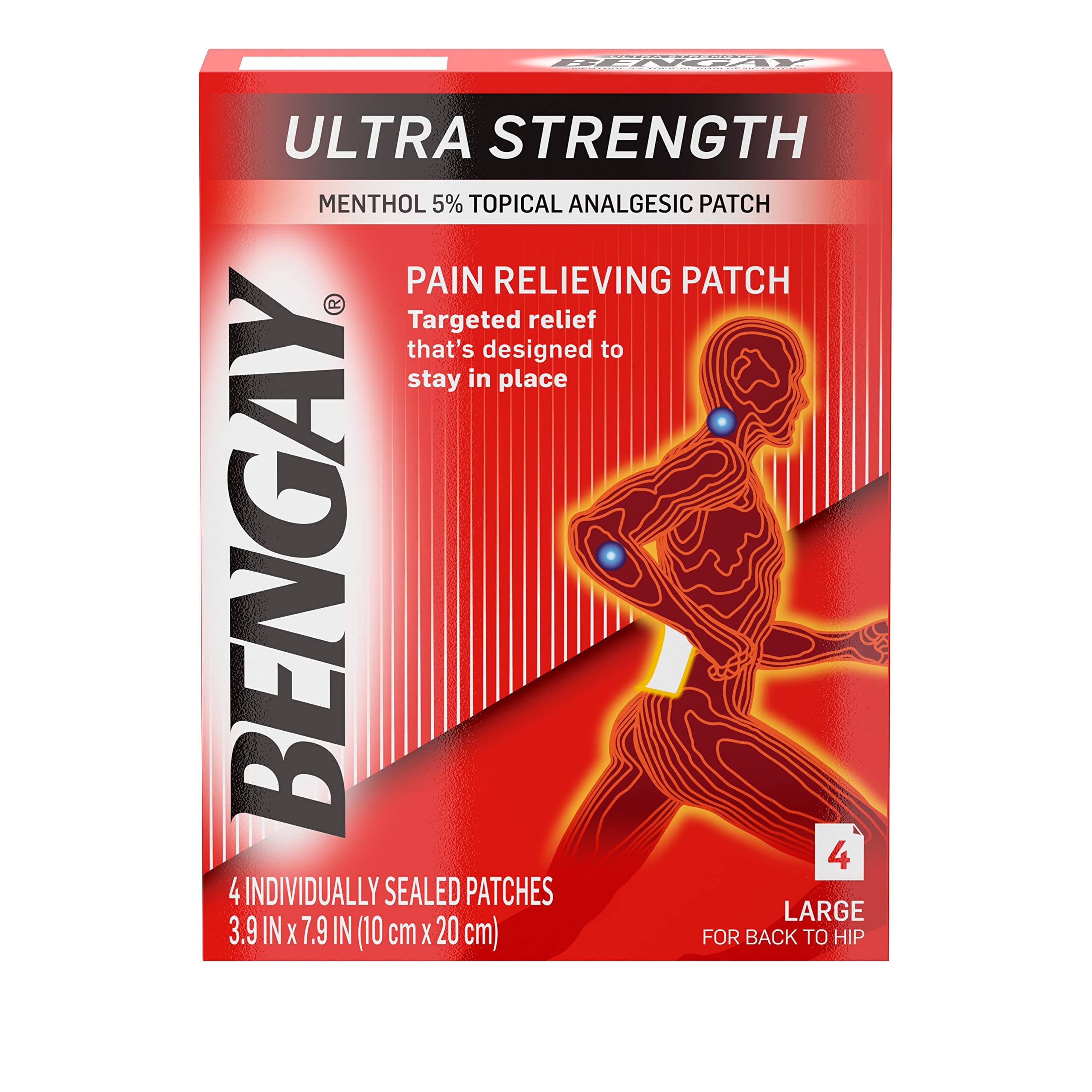 Bengay Ultra Strength parche grande para cobertura amplia en espalda.