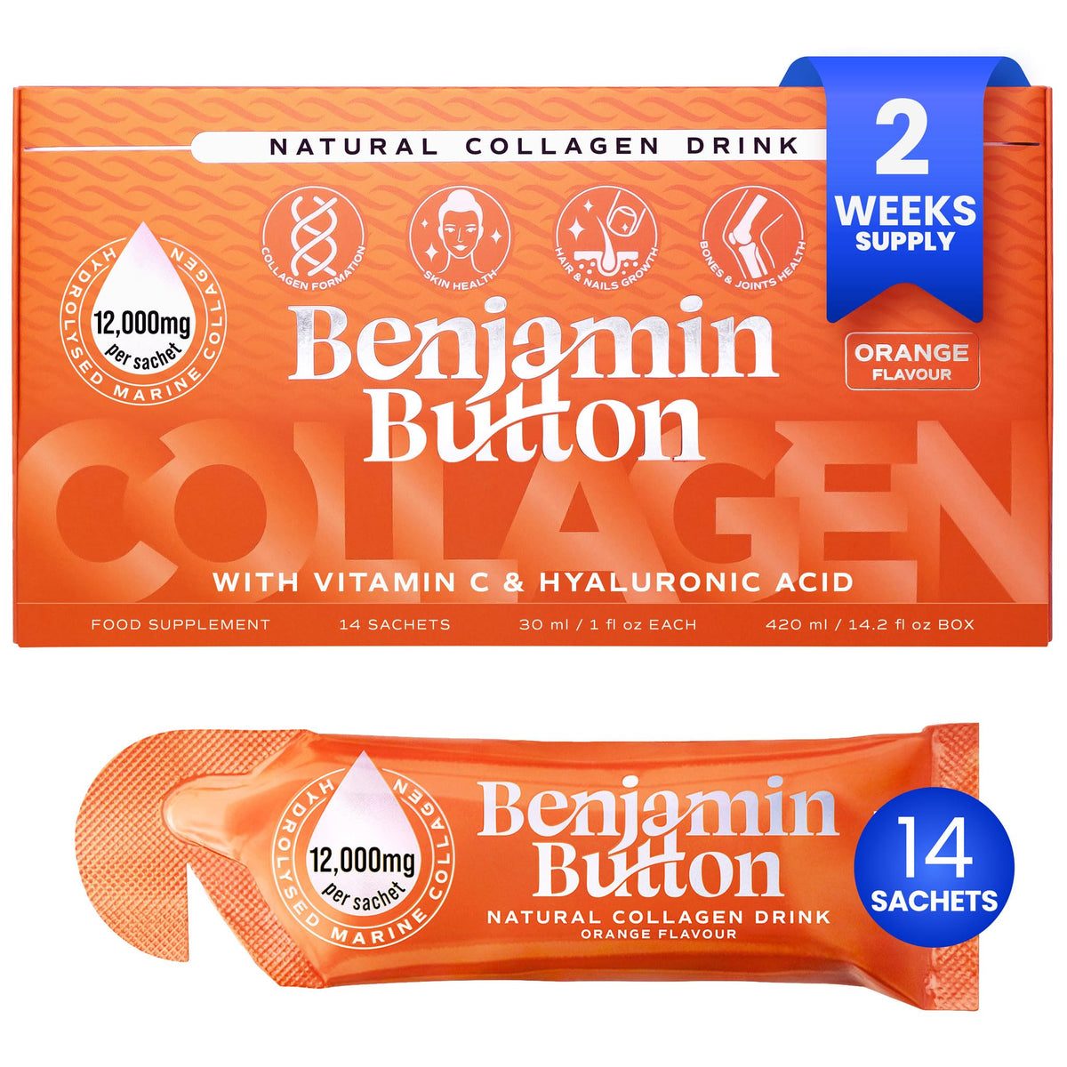 Benjamin Button colágeno líquido 12k, botella frontal para uso diario y cuidado de la piel