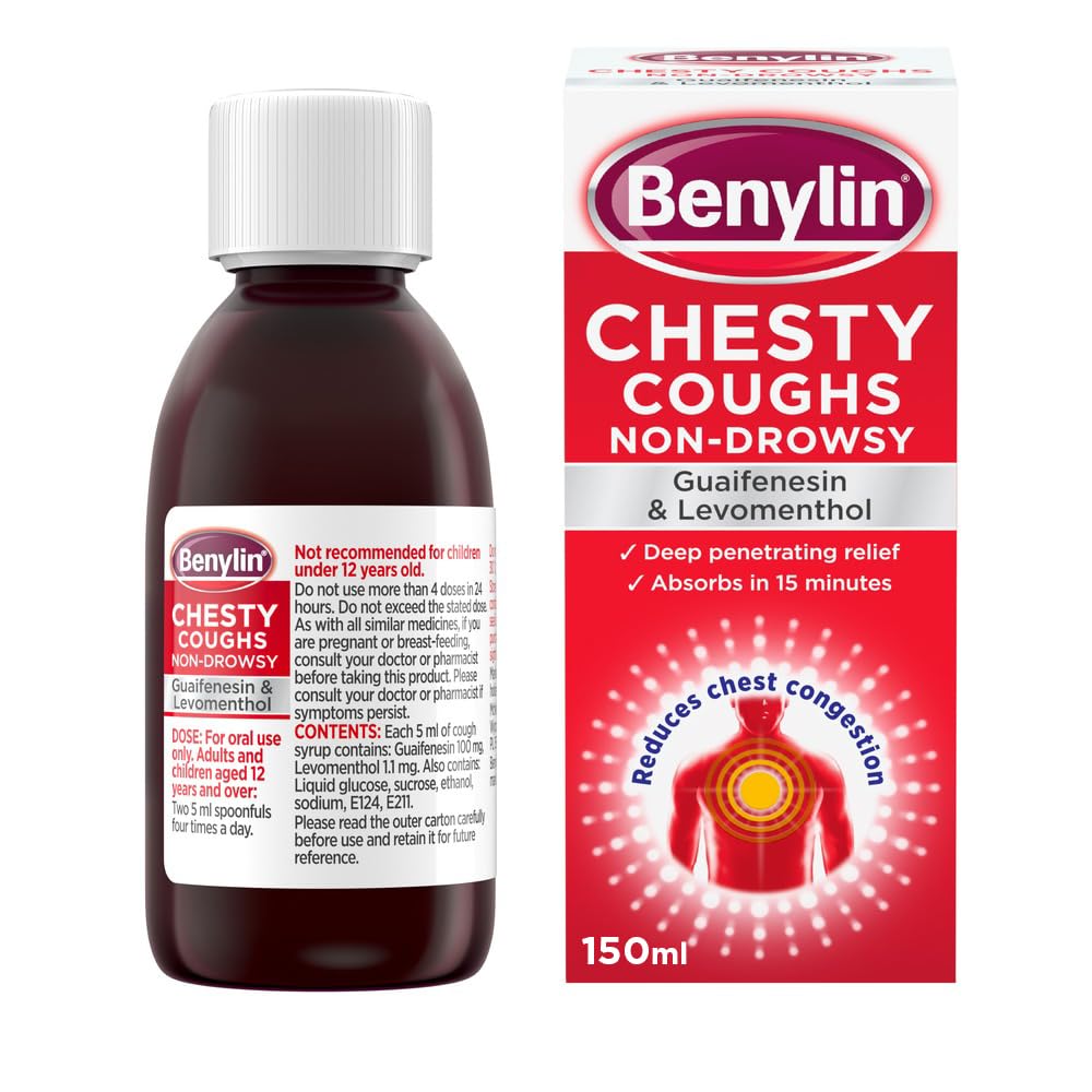 Benylin: botella de 150 ml para tos de pecho sin somnolencia, comodidad diaria.