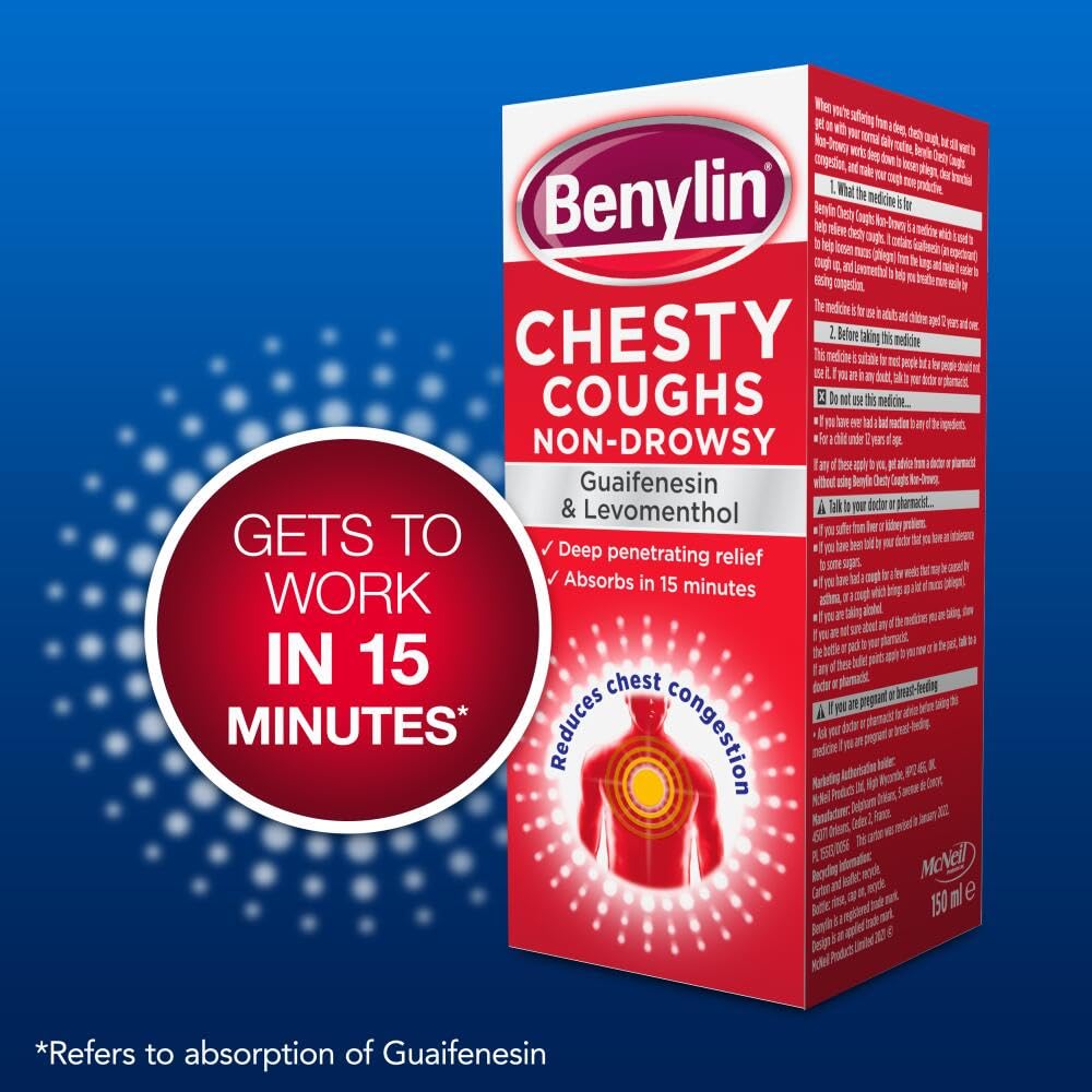 Benylin: caja del producto, con indicaciones claras para tos de pecho sin somnolencia.