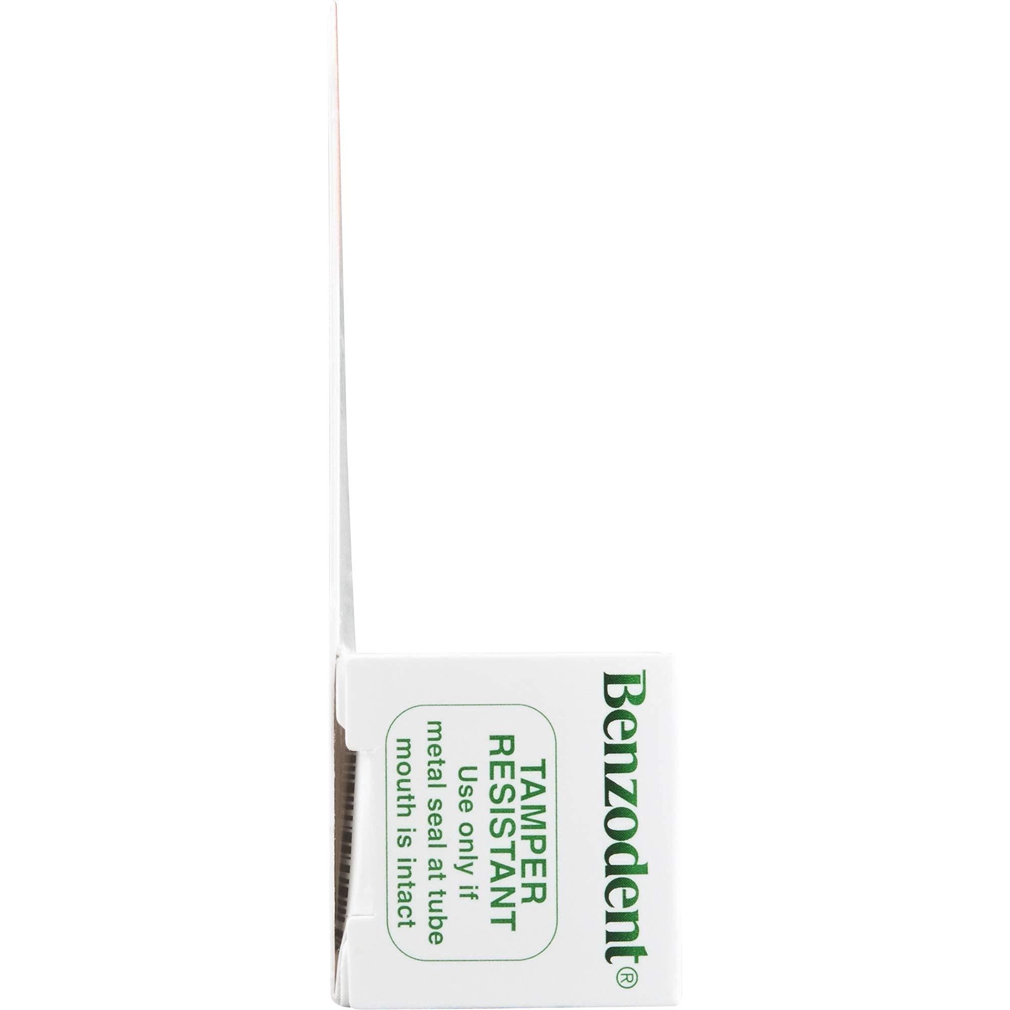 Benzodent tubo compacto con sello de seguridad para higiene.