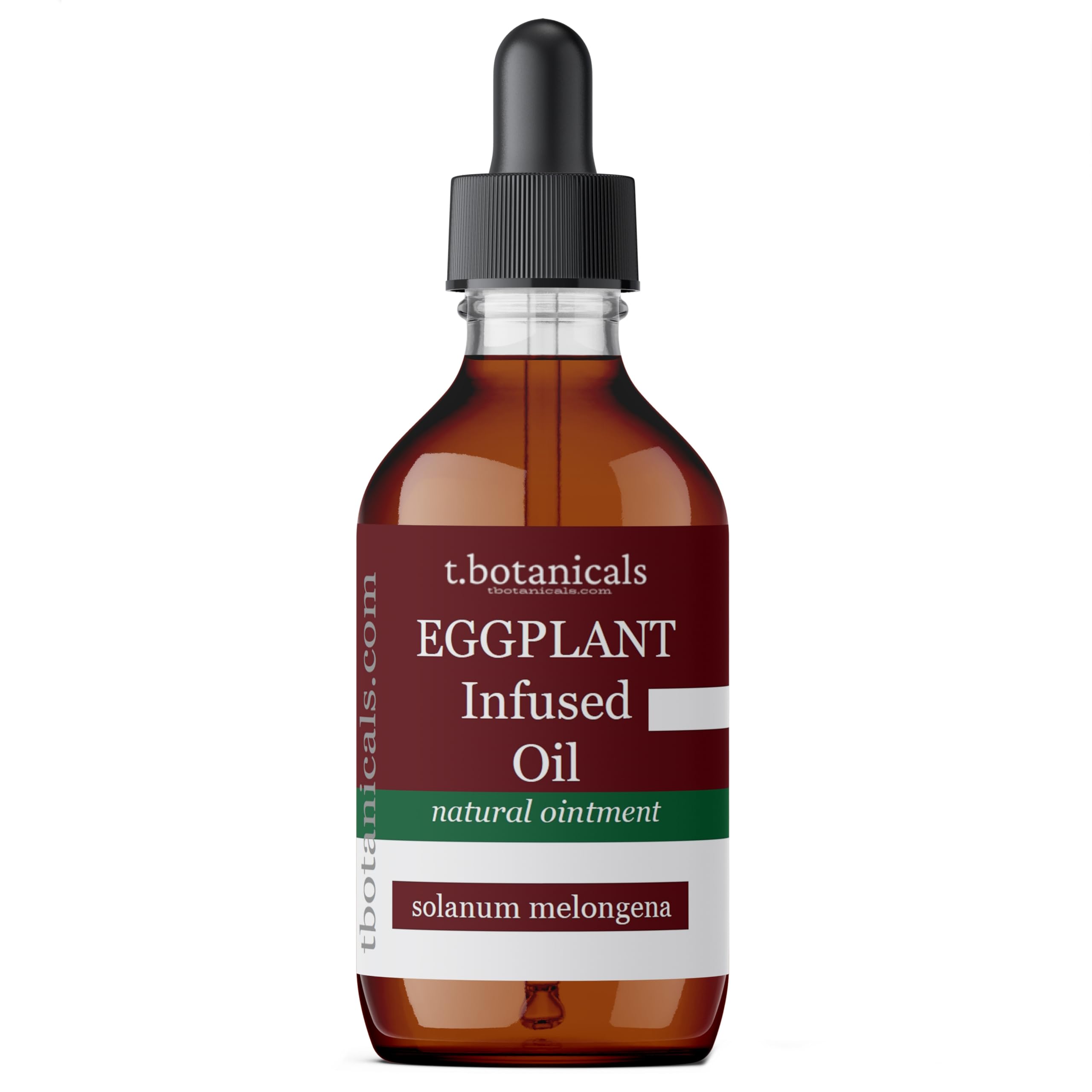 Aceite de berenjena en botella, enfoque frontal, para cuidado suave de la piel con extracto natural