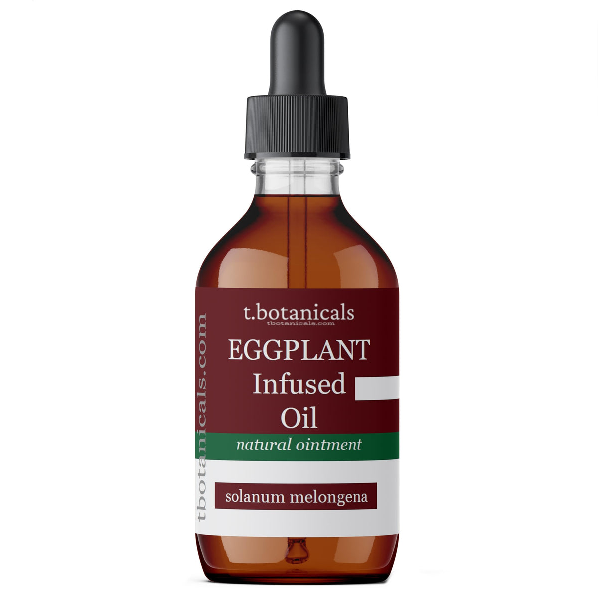 Aceite de berenjena en botella, enfoque frontal, para cuidado suave de la piel con extracto natural