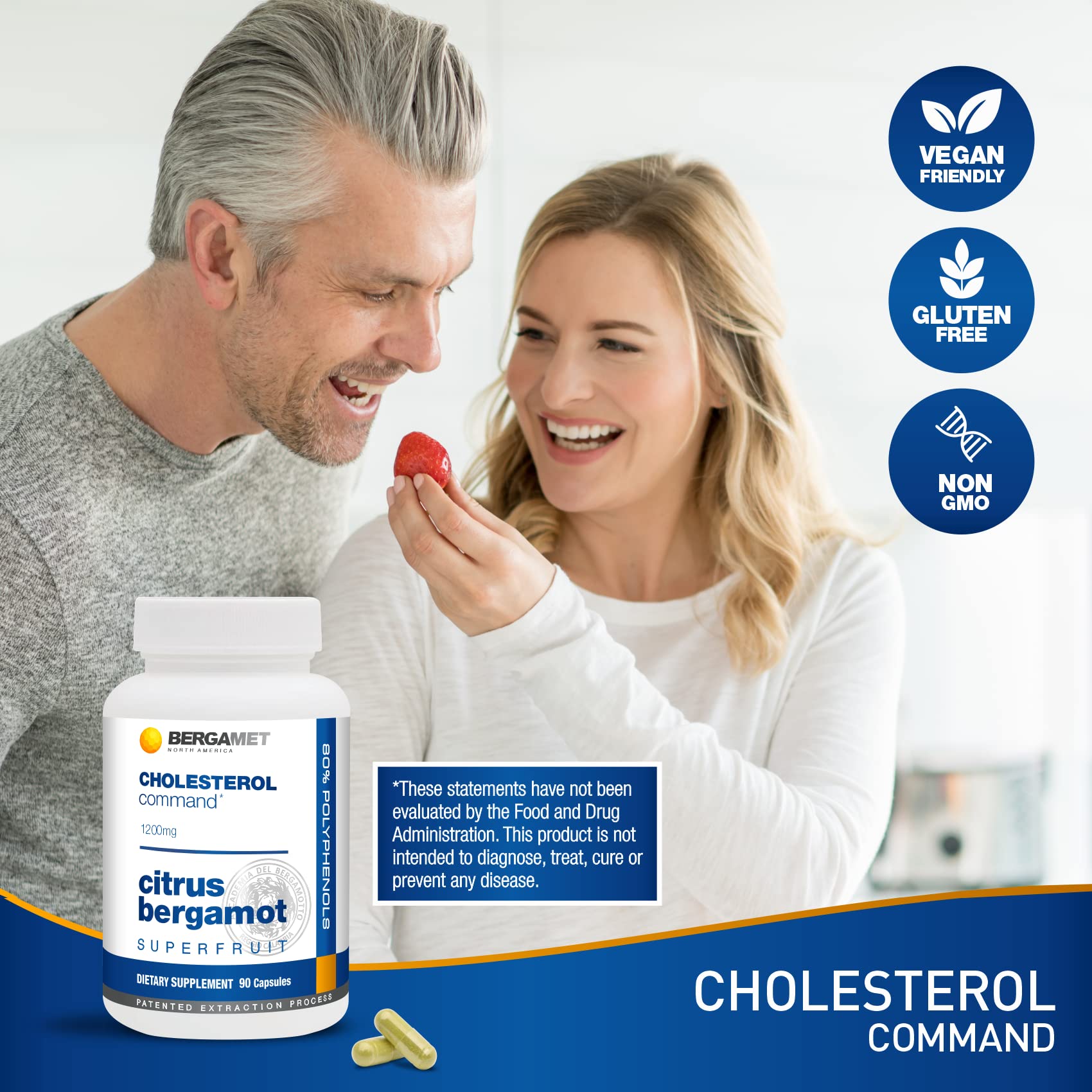 Envase de BergaMet Cholesterol Command: empaque seguro apto para dietas veganas