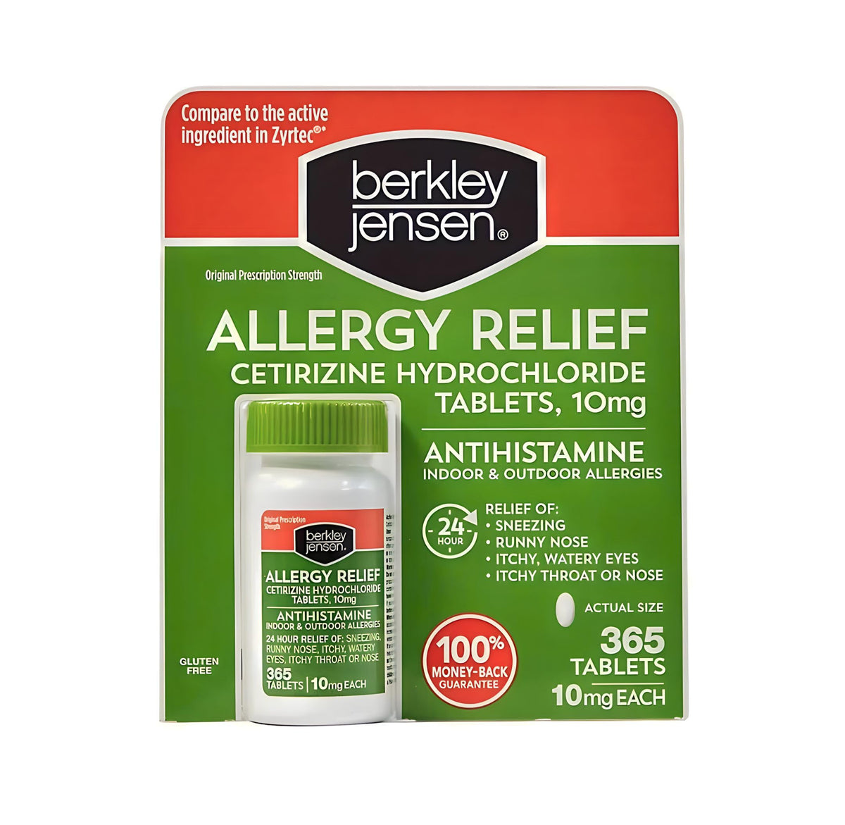 Berkley Jensen: botella con 365 tabletas para alivio de alergias durante todo el día.