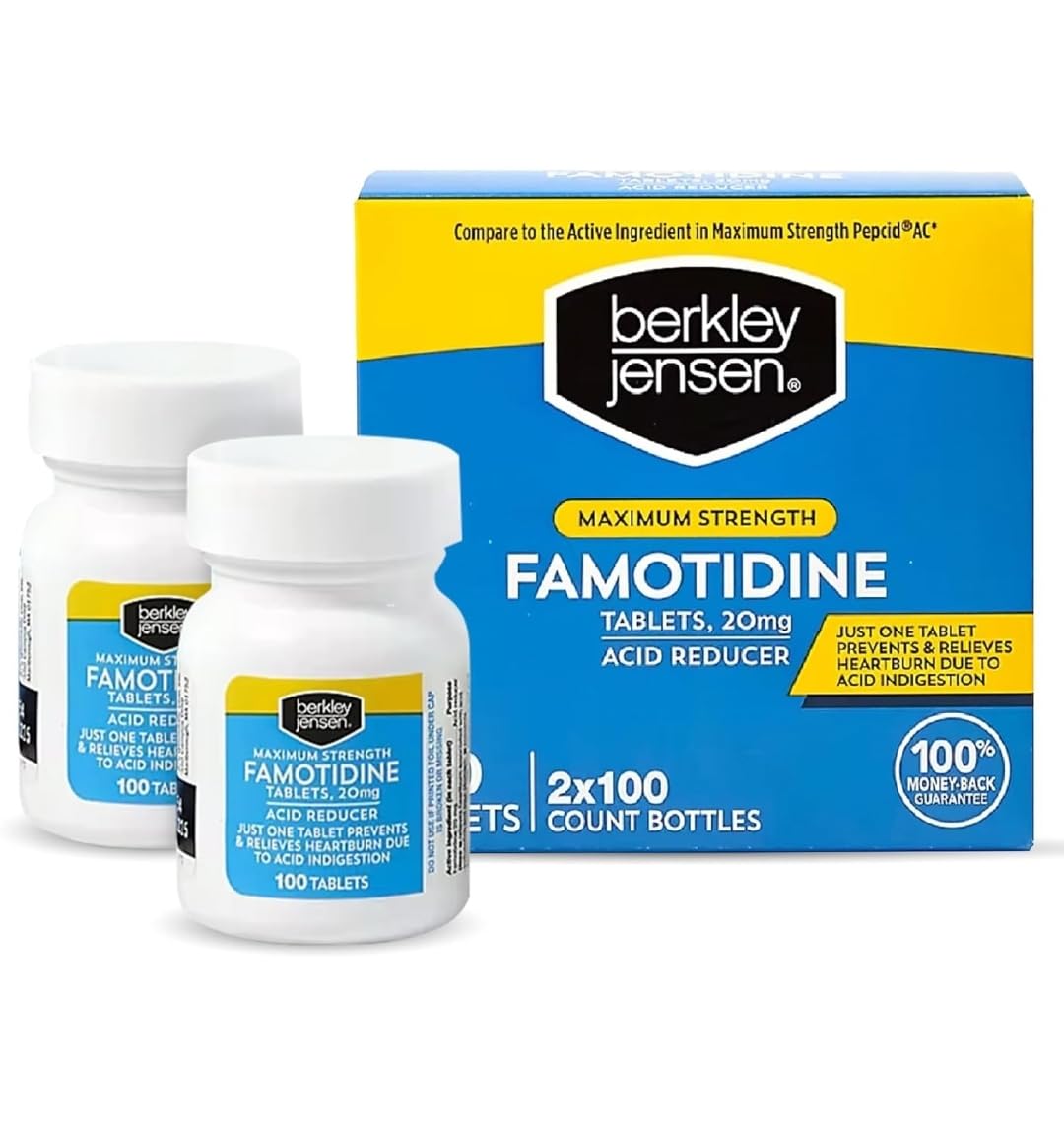 Berkley Jensen Famotidina 20 mg, tabletas en botella para uso diario.