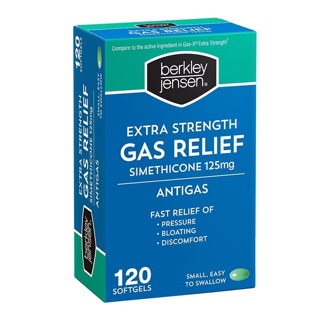 Berkley Jensen cápsulas 125 mg en botella, alivio rápido de gases.