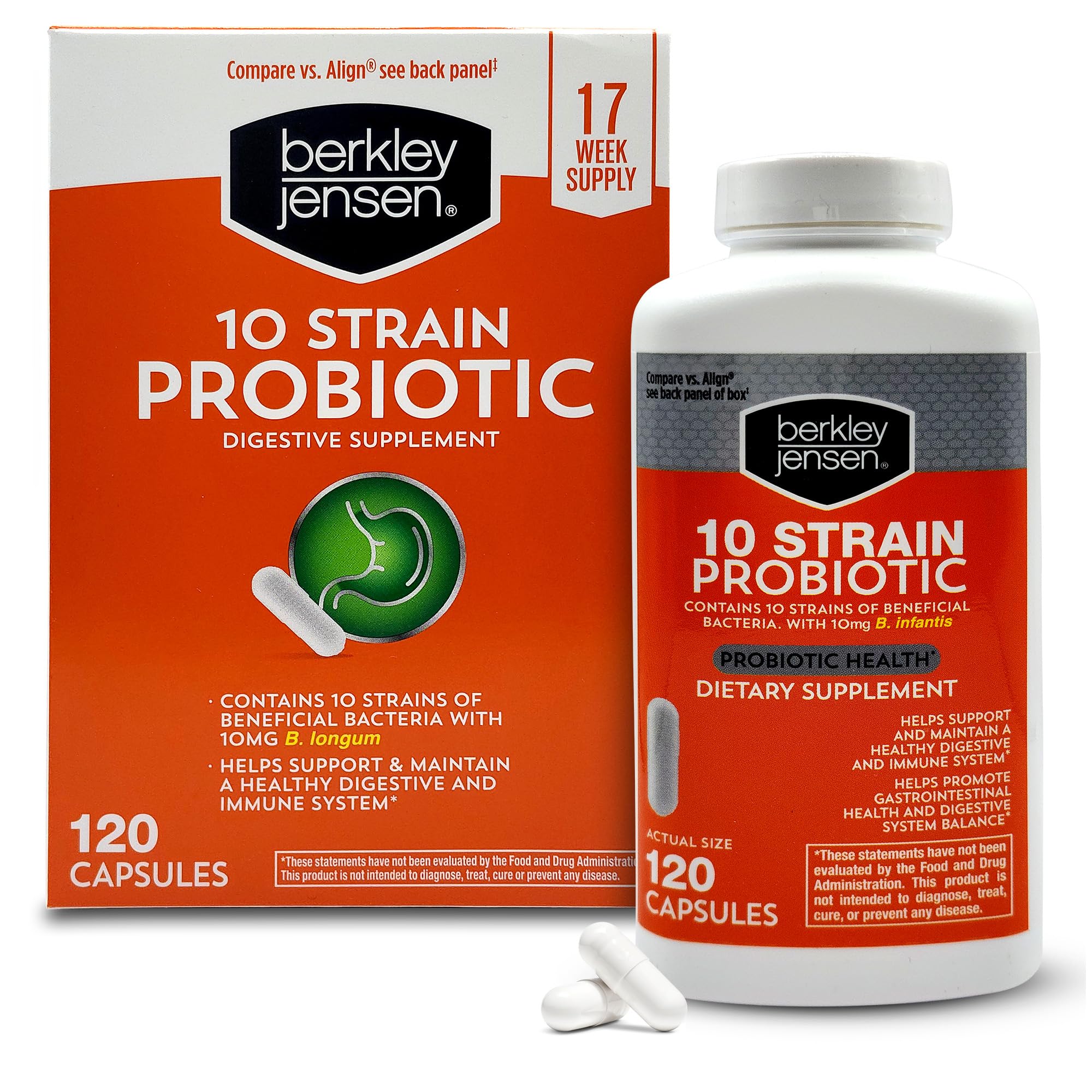 Berkley Jensen Probiótico: bote de cápsulas con 10 cepas para soporte digestivo diario.