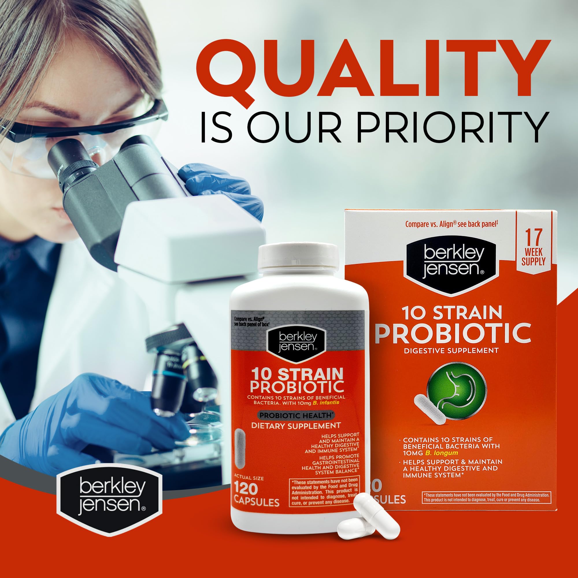 Berkley Jensen Probiótico: fórmula libre de gluten, lactosa y soja para dietas sensibles.