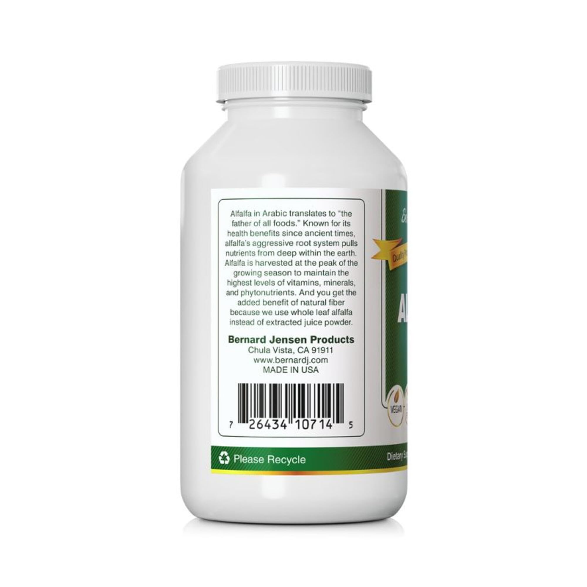Bernard Jensen's Alfalfa Tabletas 625 mg, muestra mezcla sinérgica de nutrientes vegetales